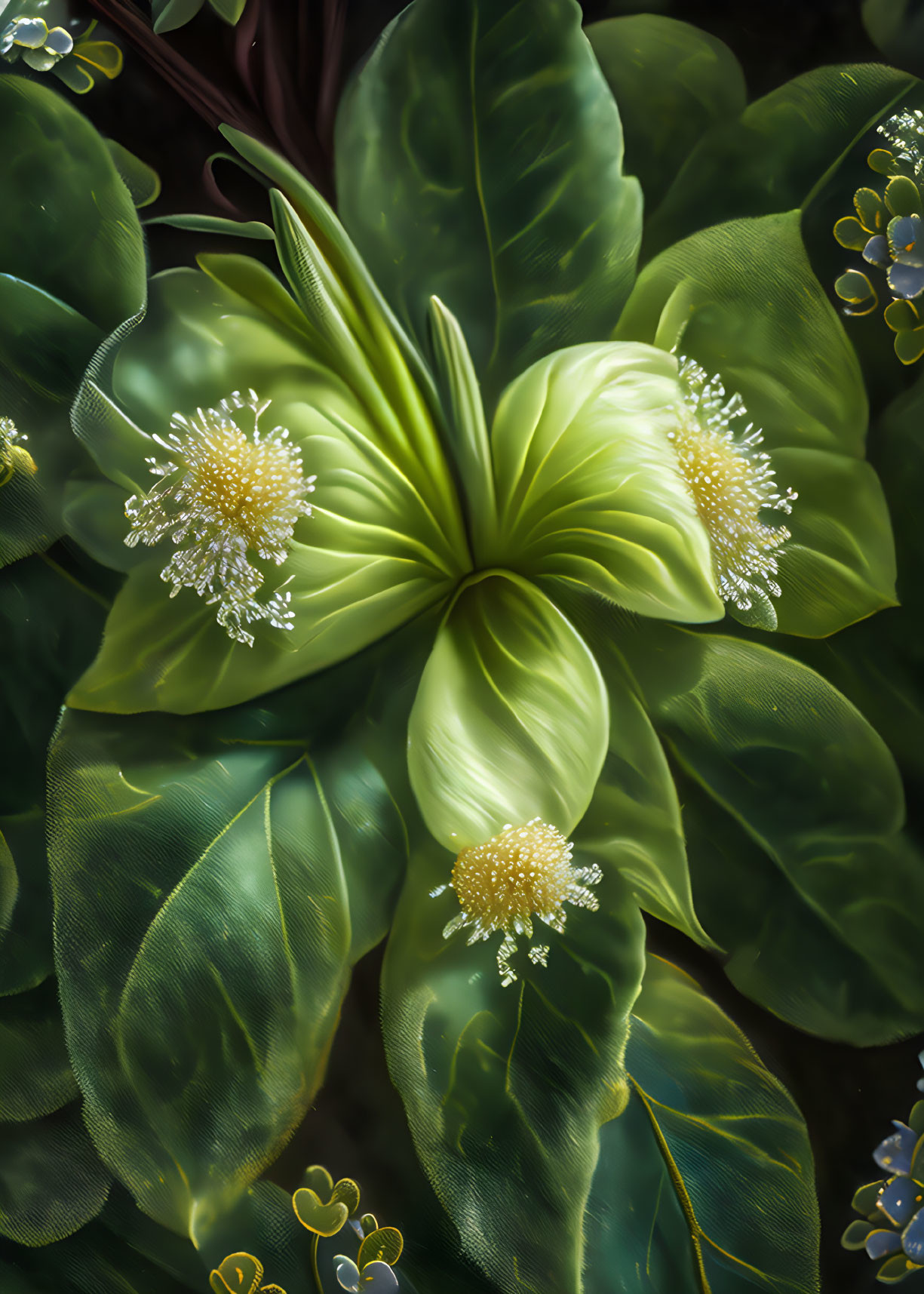 Detailed Green Leaves and White Flowers on Dark Background