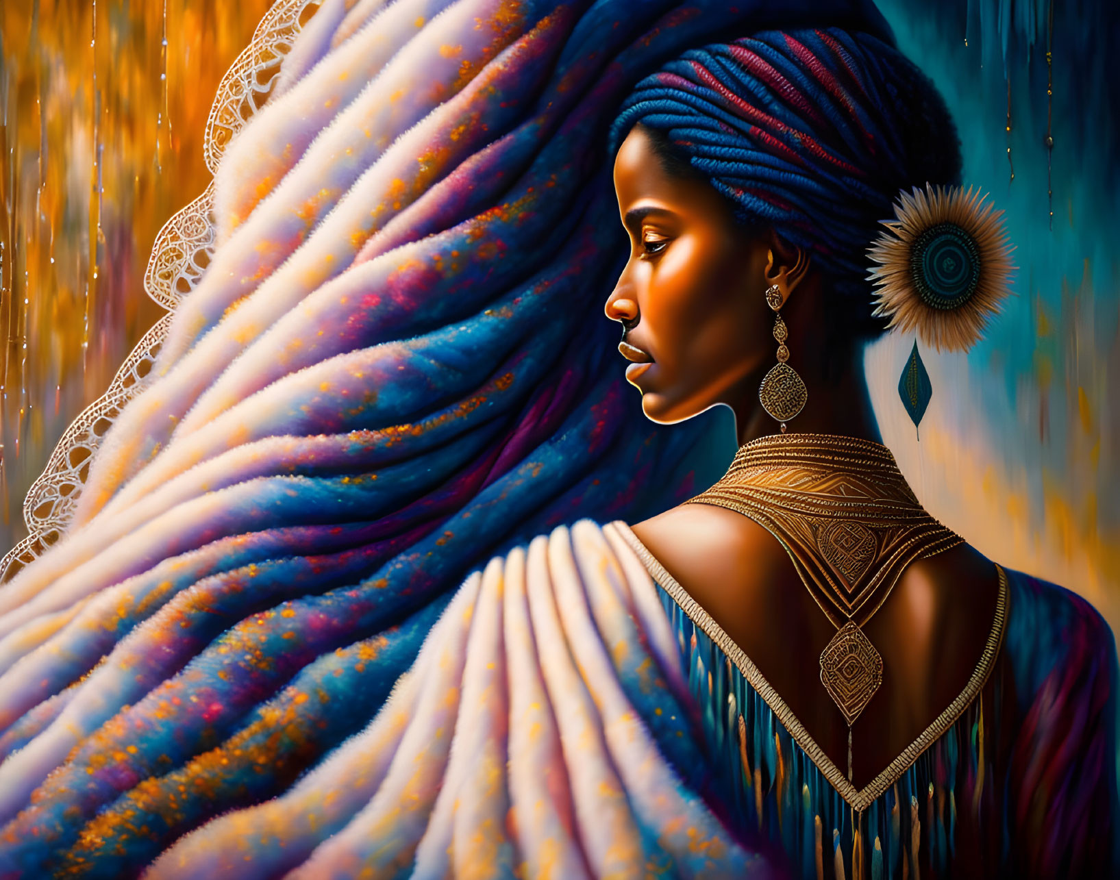 Colorful digital painting of woman with elaborate jewelry and sunrise background