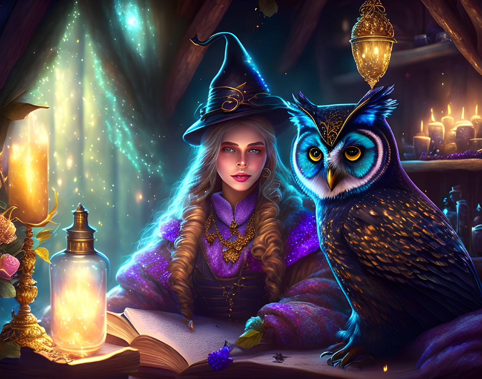 Young witch reading spell book with owl, jar, and candles under celestial light