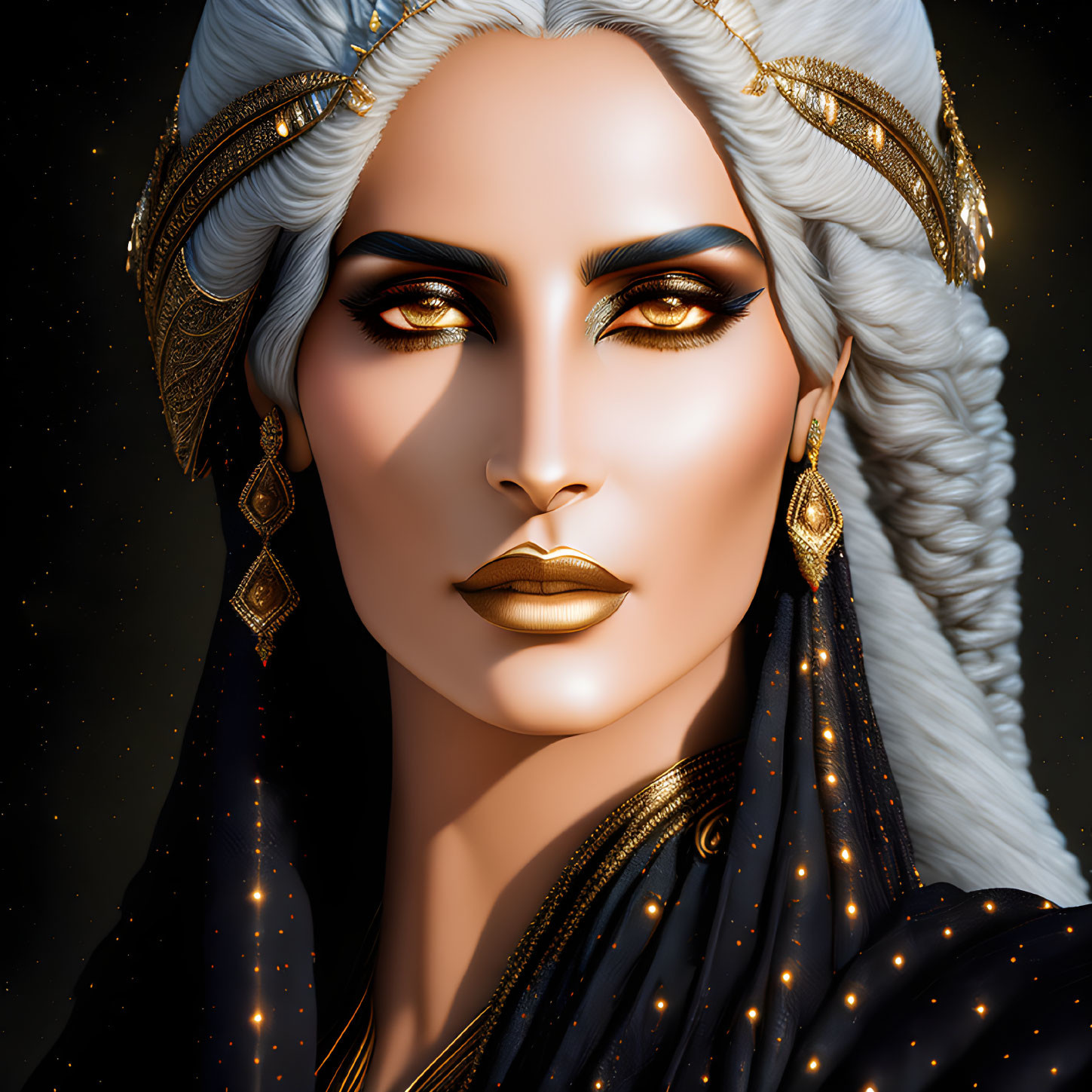 Woman with Gold Makeup, White Hair, and Ornate Jewelry on Starry Black Veil