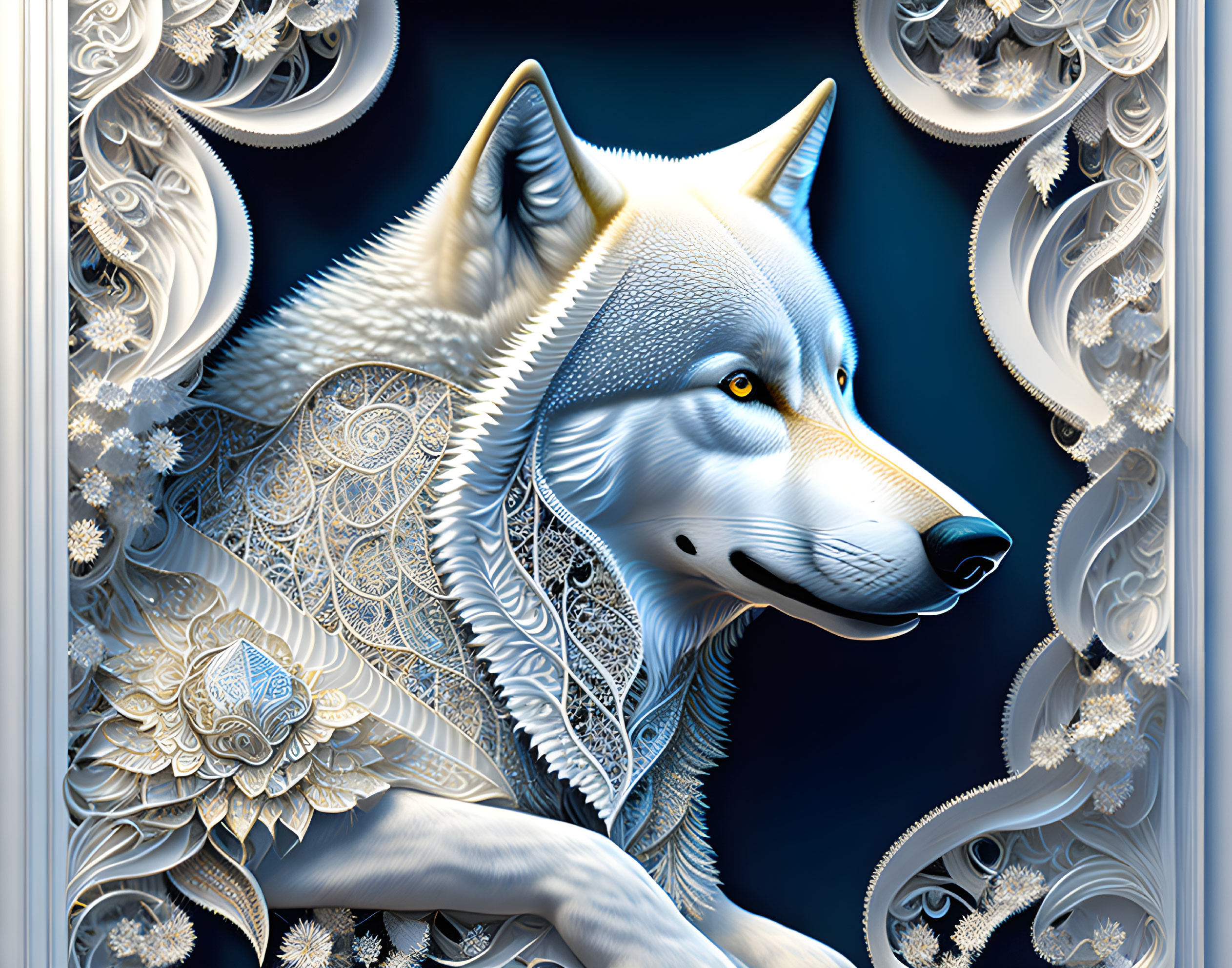 Detailed Wolf Artwork with Ornate Patterns in Decorative Border