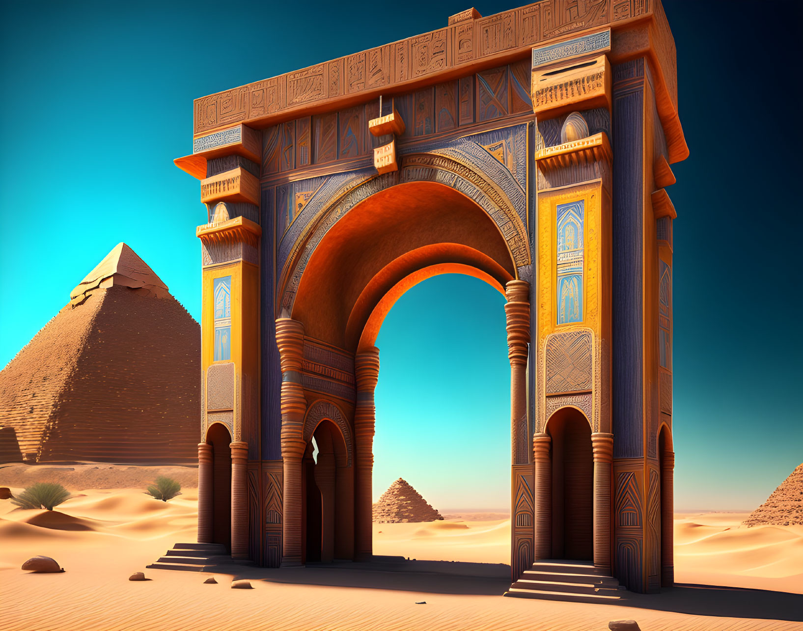 Intricate desert archway with pyramids under blue sky