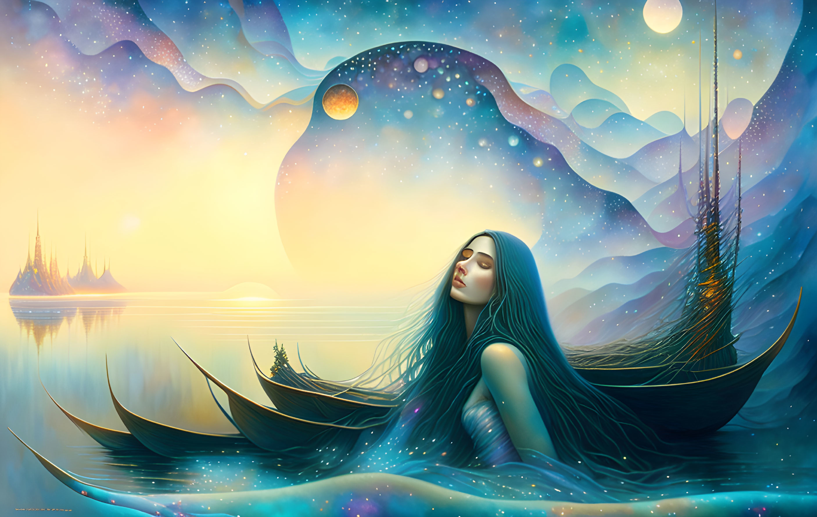 Surreal artwork: woman merging with seascape, tree-sail boats, floating islands, celestial