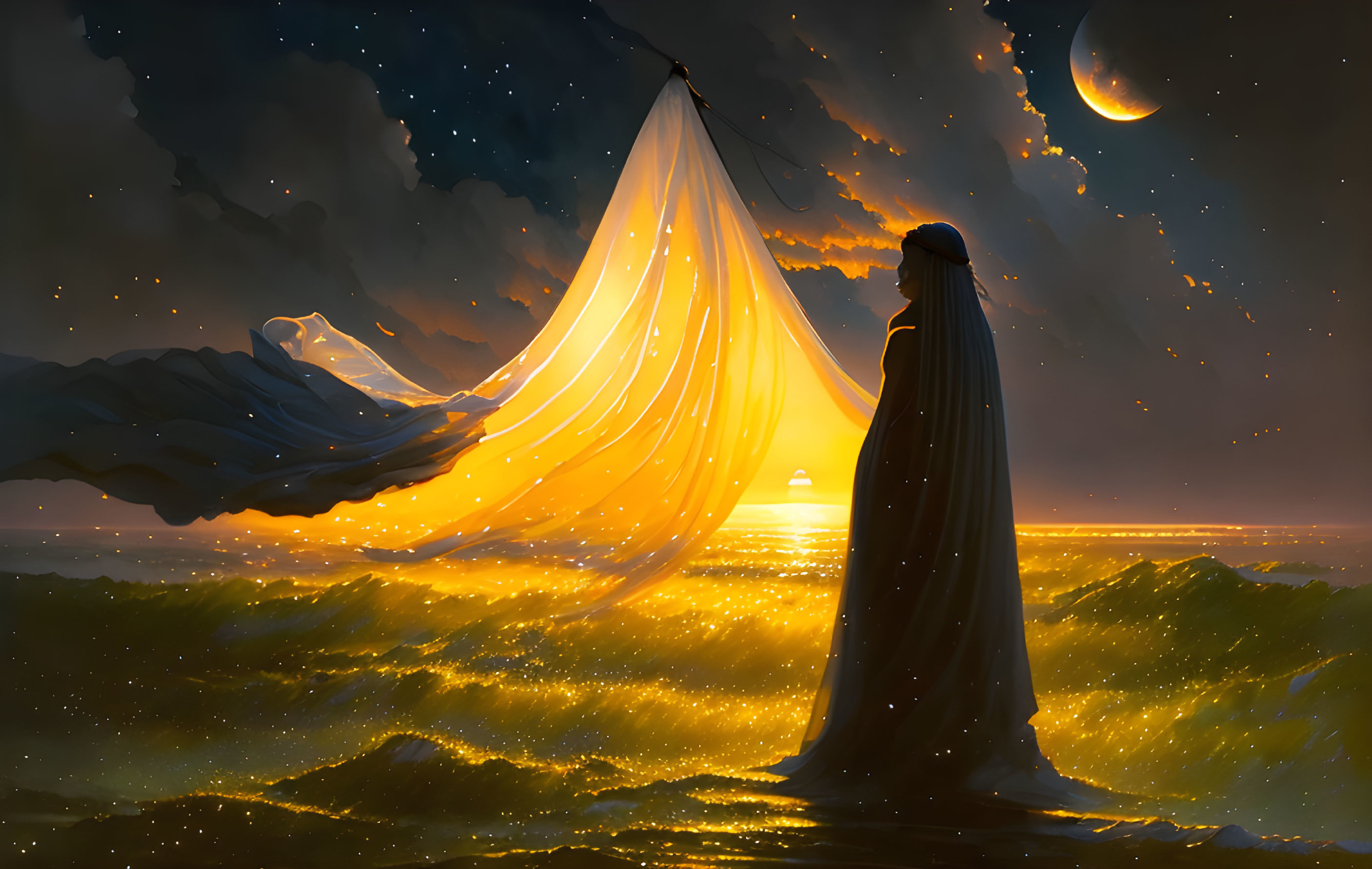 Mysterious figure with cloak by glowing sea at sunset