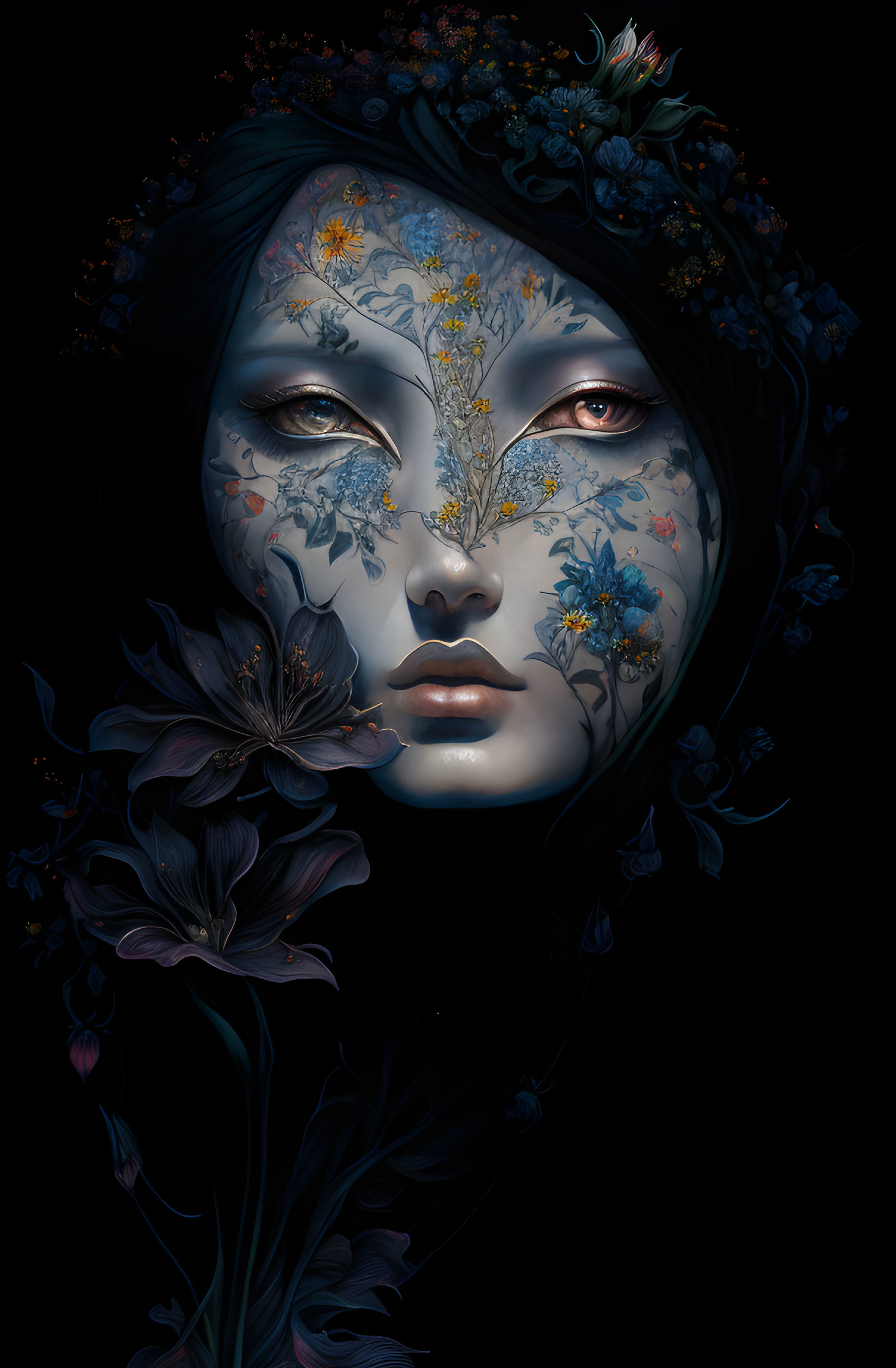 Digital artwork: Person with floral patterned complexion on dark background