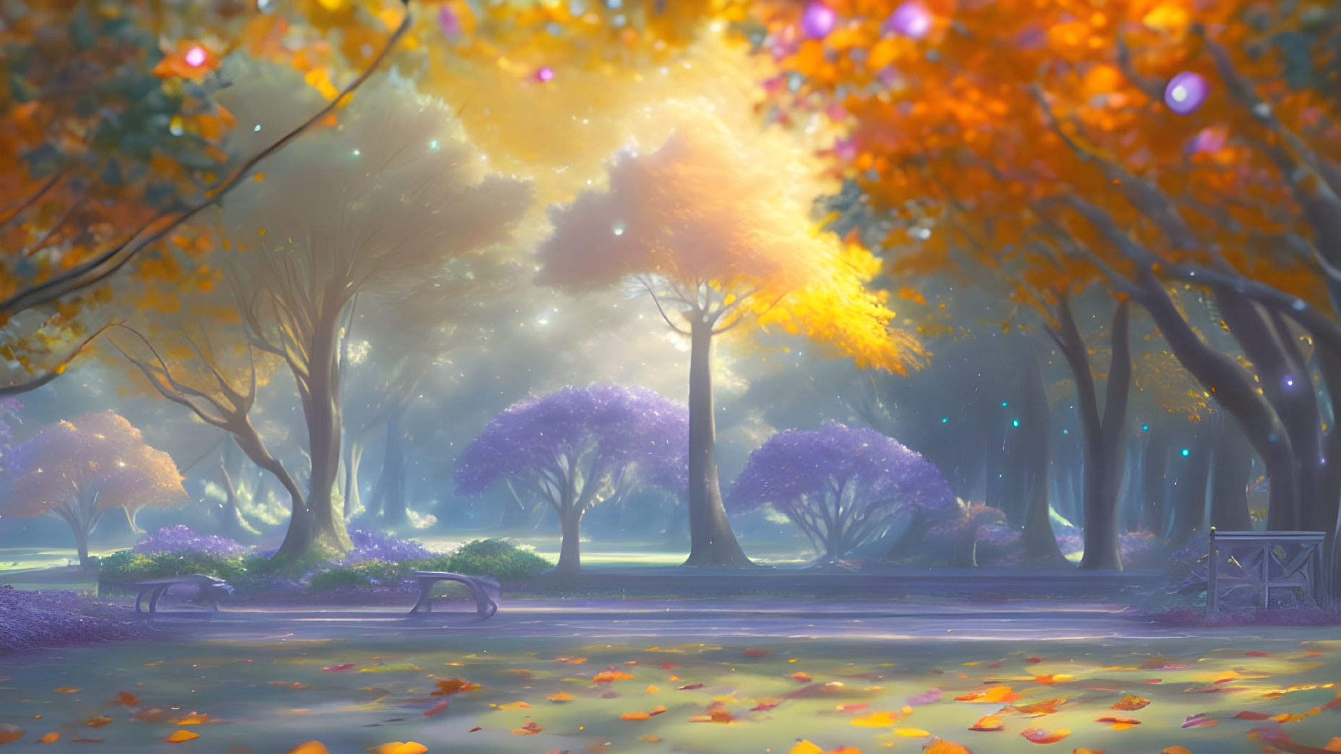 Tranquil Autumn Park Scene with Benches, Orange and Purple Trees, Fallen Leaves, and Soft