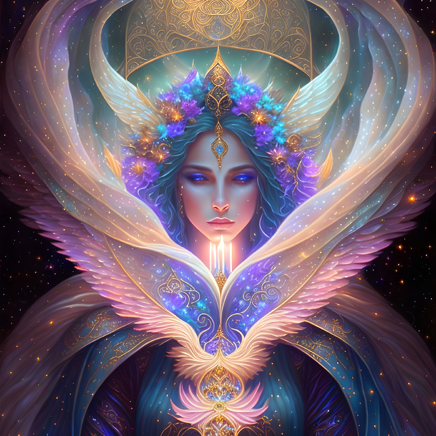 Mystical female entity with ornate crown and glowing light among celestial motifs