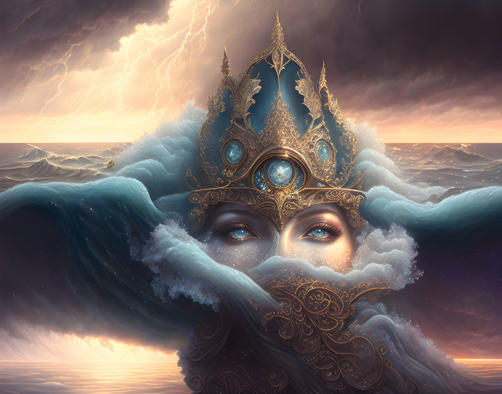 Ornate crown on serene face in stormy sea landscape