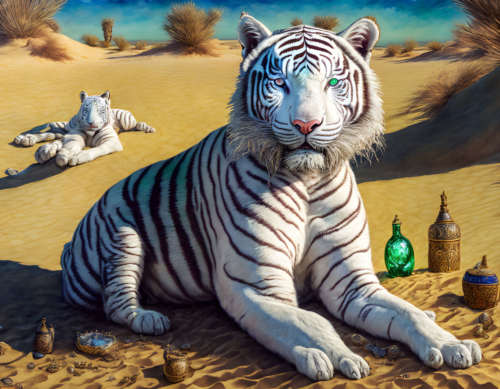 White Tiger with Blue Eyes Resting in Desert Landscape with Sand Dunes, Jewelry, and Bottles