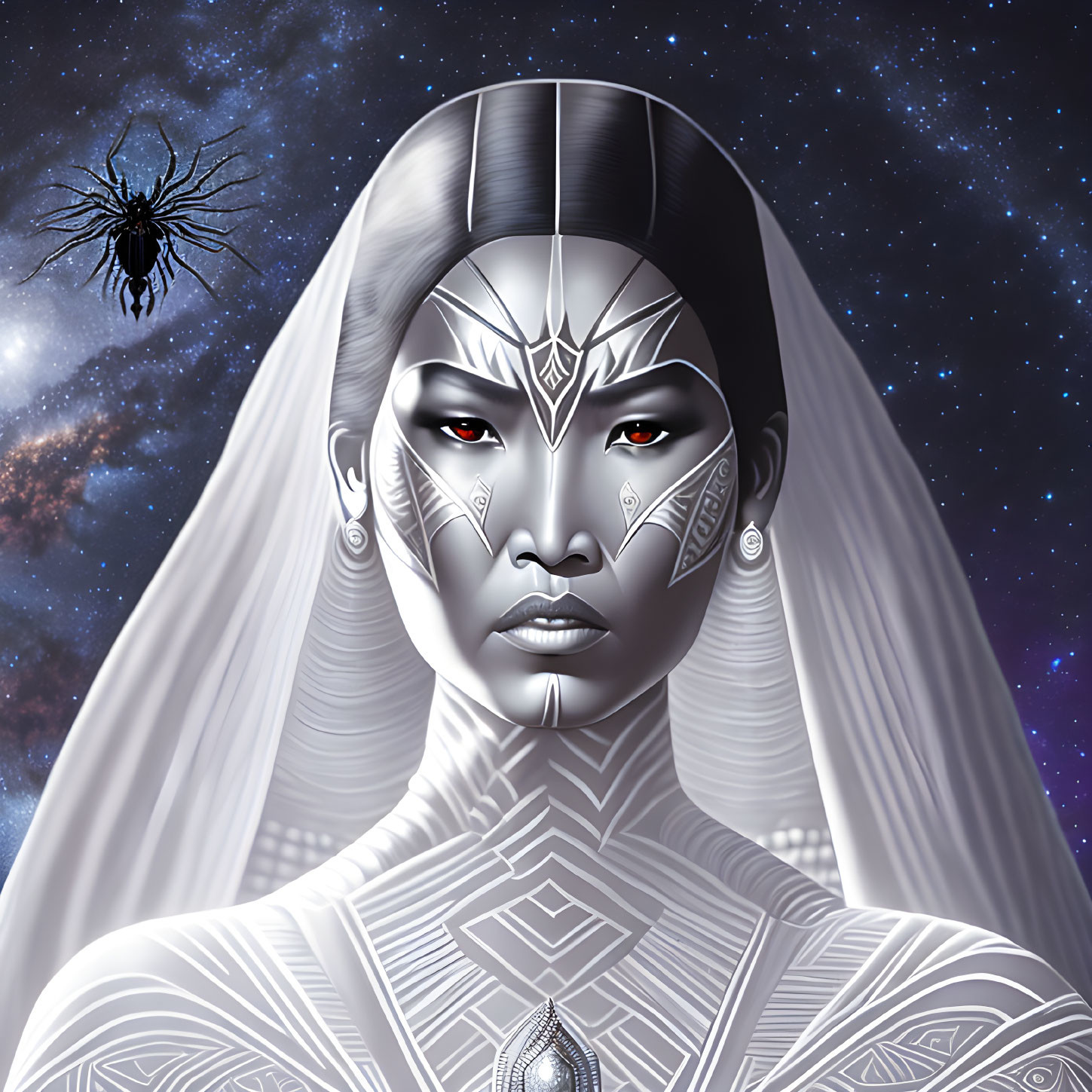 Monochrome portrait of woman in futuristic attire with spider against starry sky