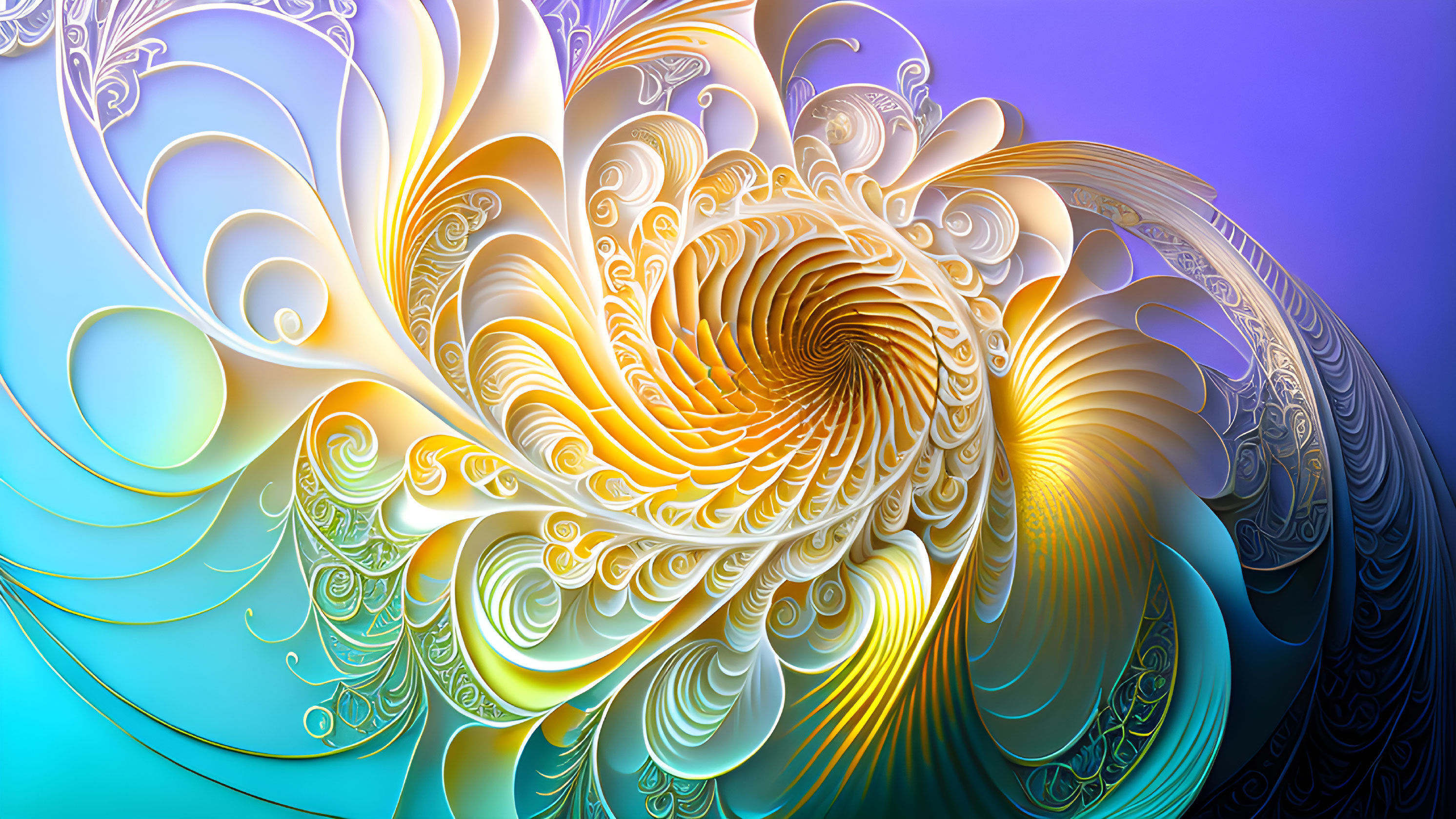 Colorful digital artwork with swirling gold fractal design on gradient background