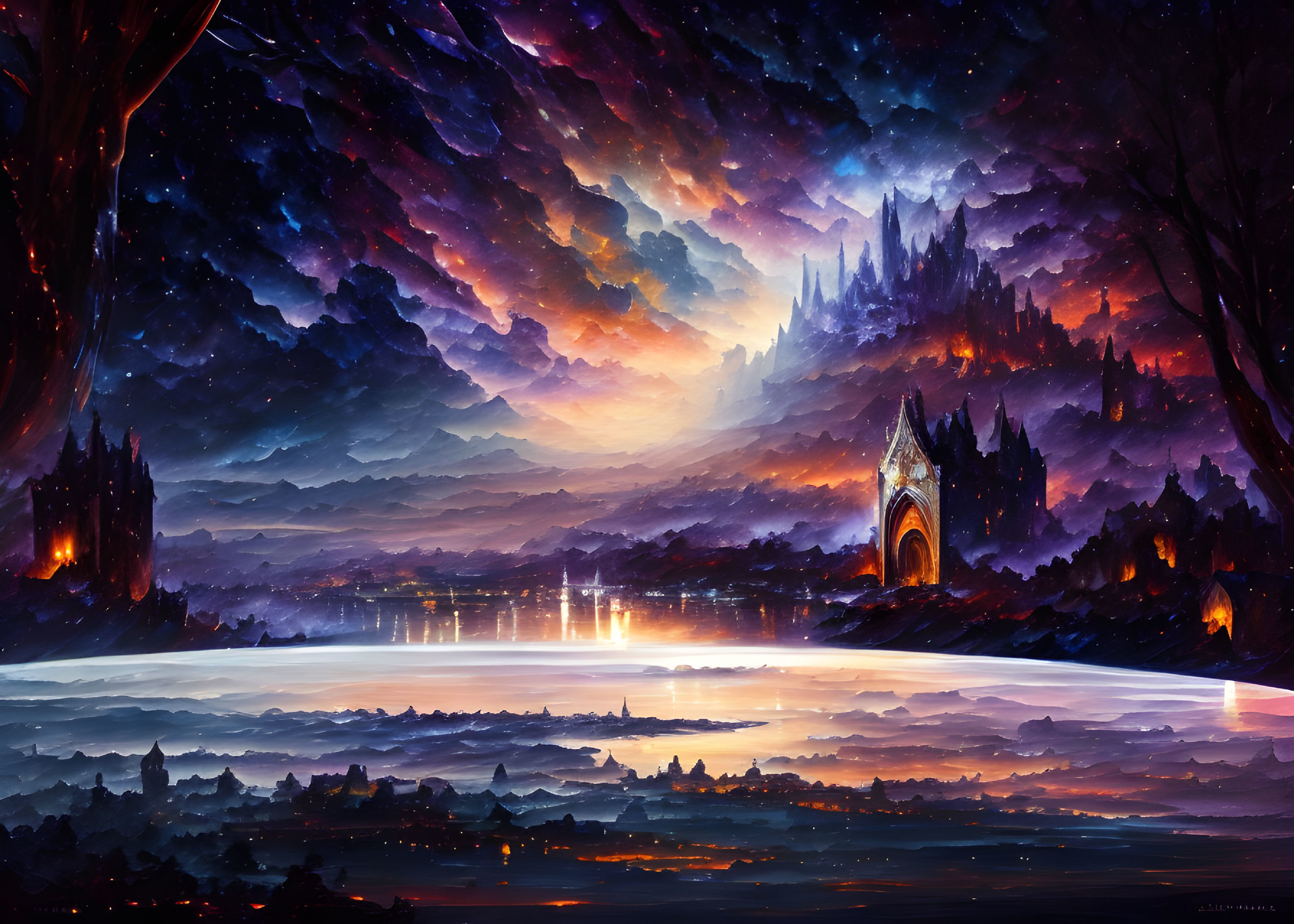 Nighttime fantasy landscape with starry sky, colorful clouds, reflective lake, archway, & castle