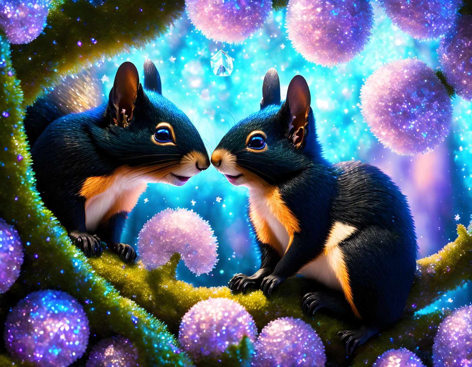 Animated squirrels on branch in fantasy setting with glowing orbs and luminescent butterfly