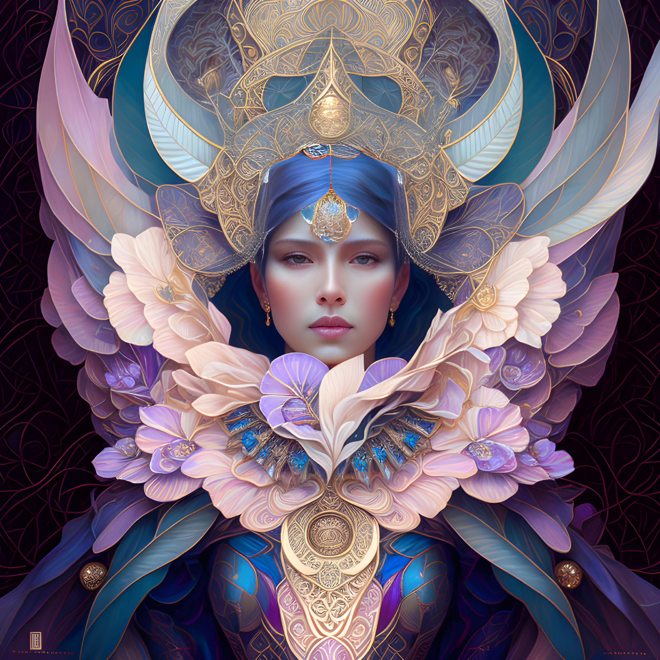 Stylized portrait of woman with blue skin and ornate headdress on geometric background