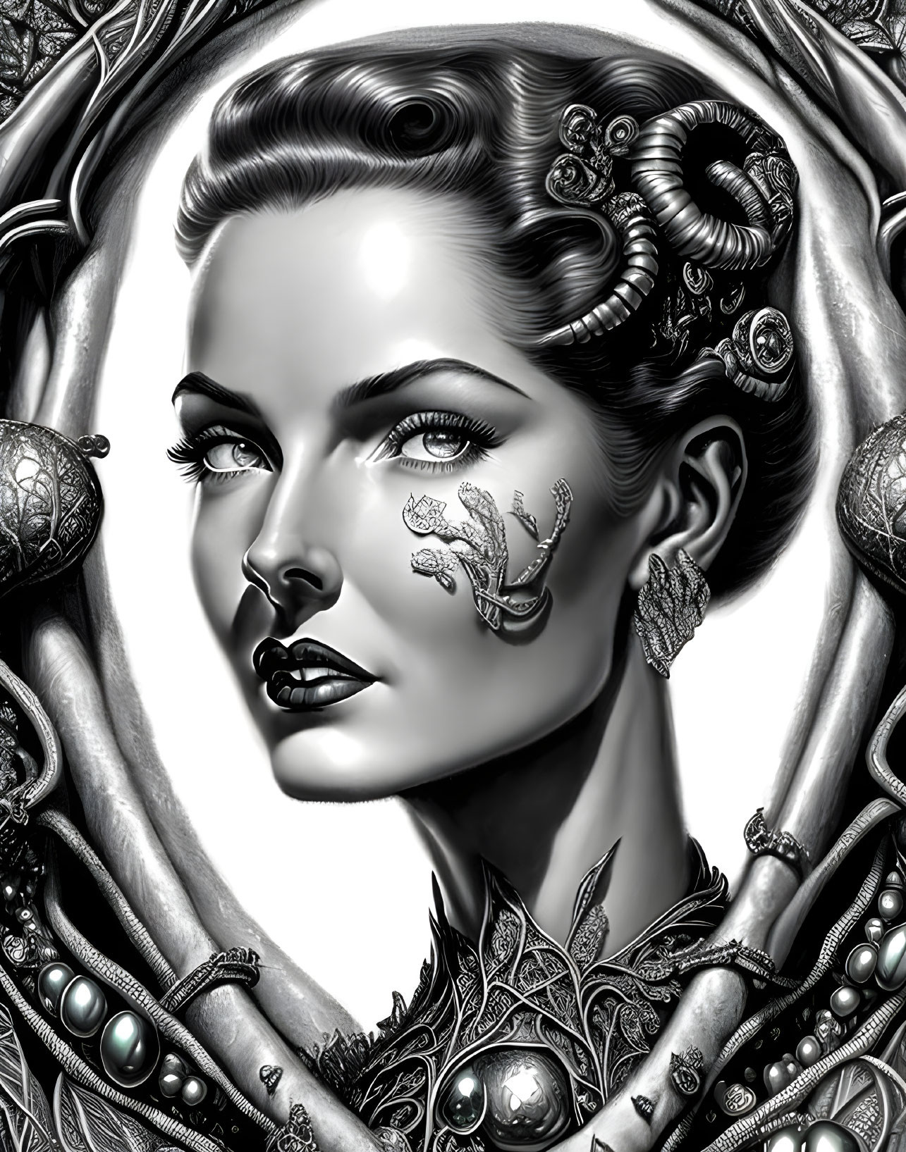 Monochromatic digital art featuring woman with fantasy jewelry