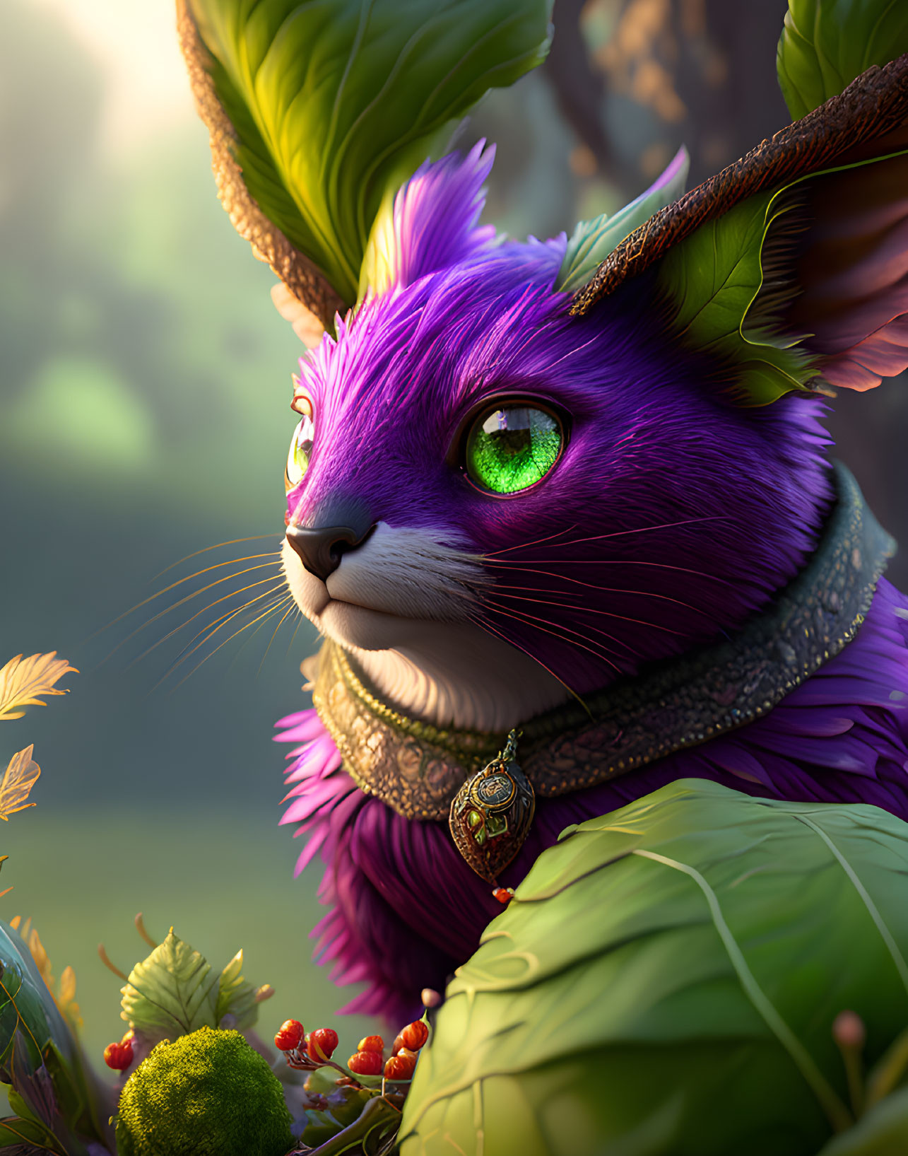 Purple anthropomorphic cat with green eyes and collar in lush greenery