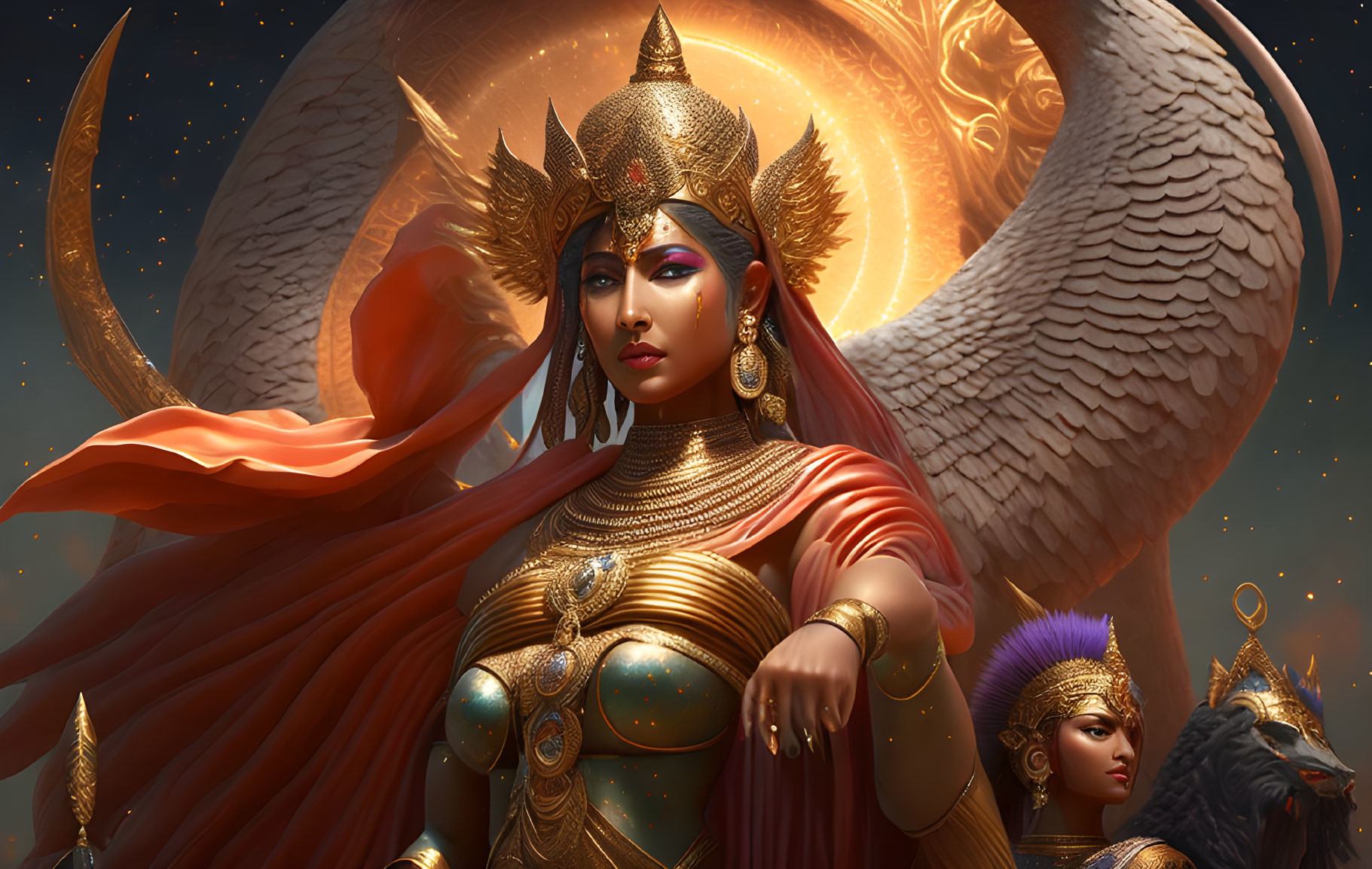 Golden-armored woman with wings and regal figures in majestic setting