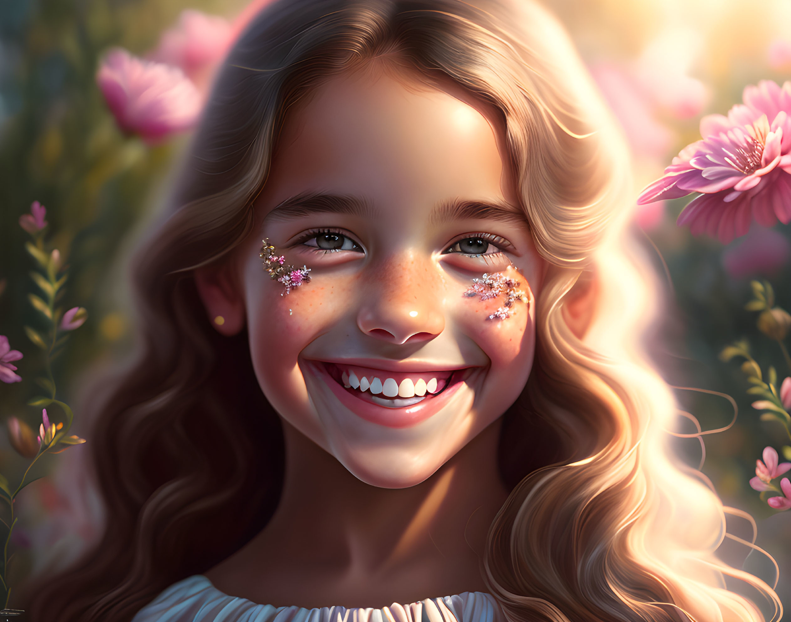 Smiling girl digital illustration with pink flowers and warm lighting