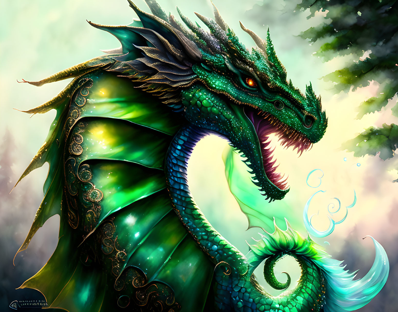 Emerald Green Dragon with Gold Accents in Misty Forest