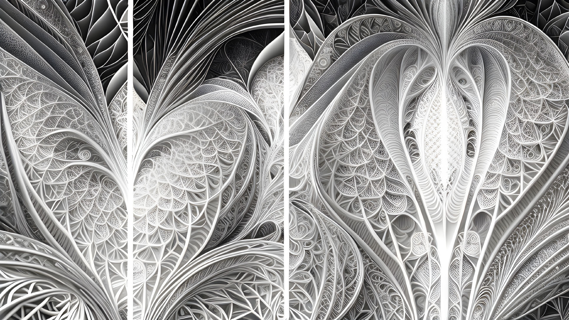 Greyscale digital artwork with intricate lace-like floral patterns