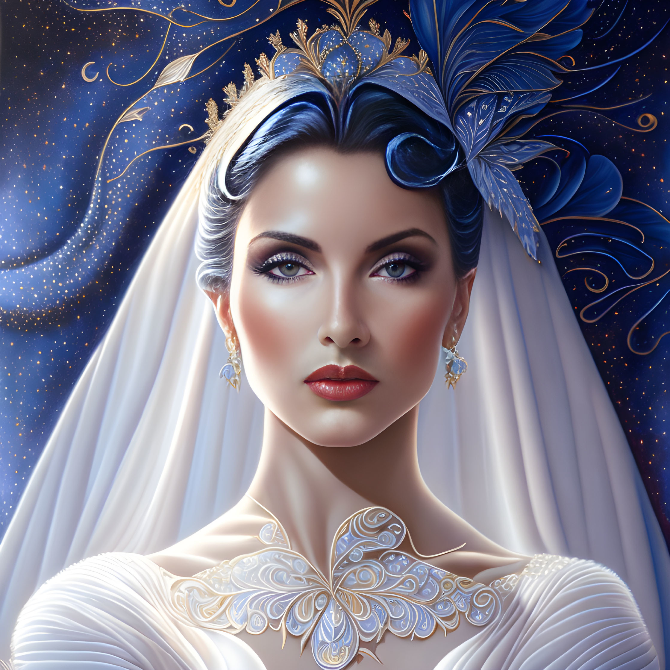 Regal woman portrait with dark hair and blue feathered headpiece