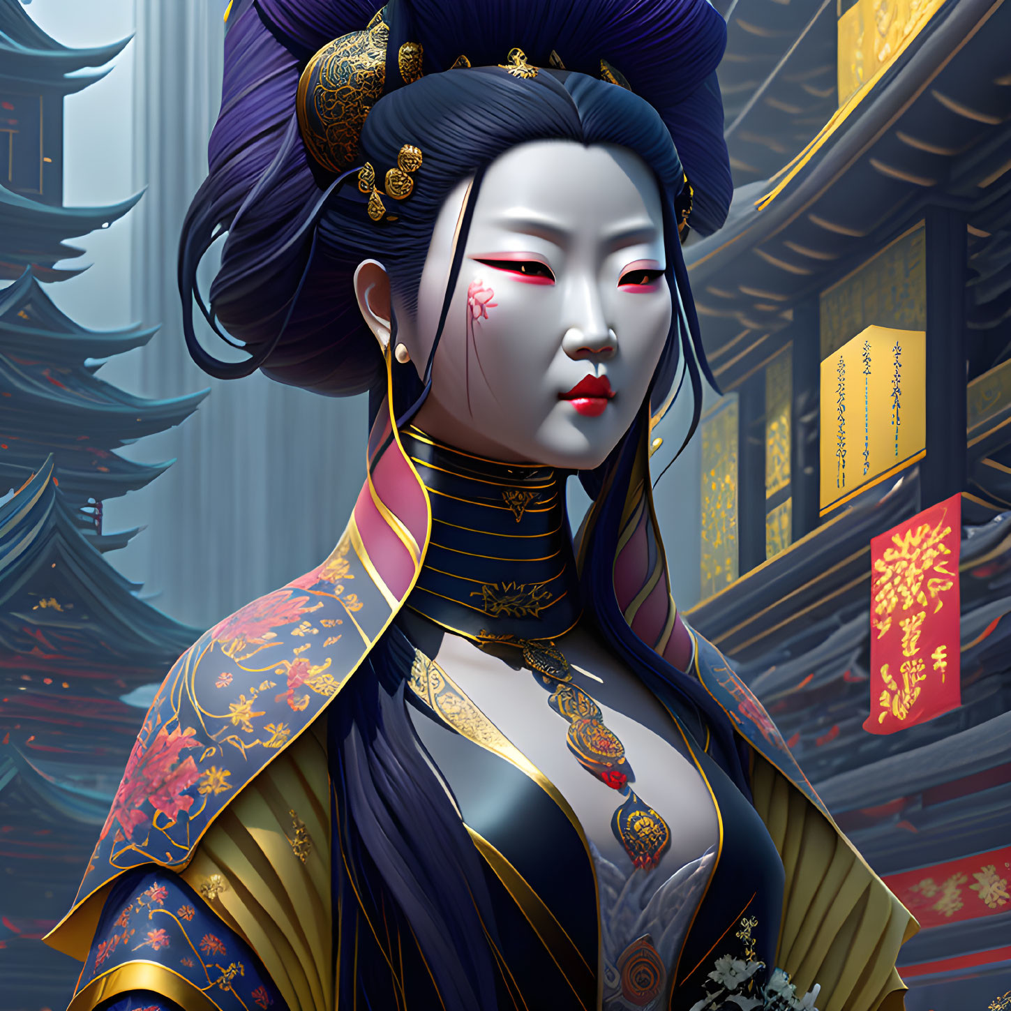 Digital illustration of a woman in East Asian attire with pale skin and golden patterns on architectural background