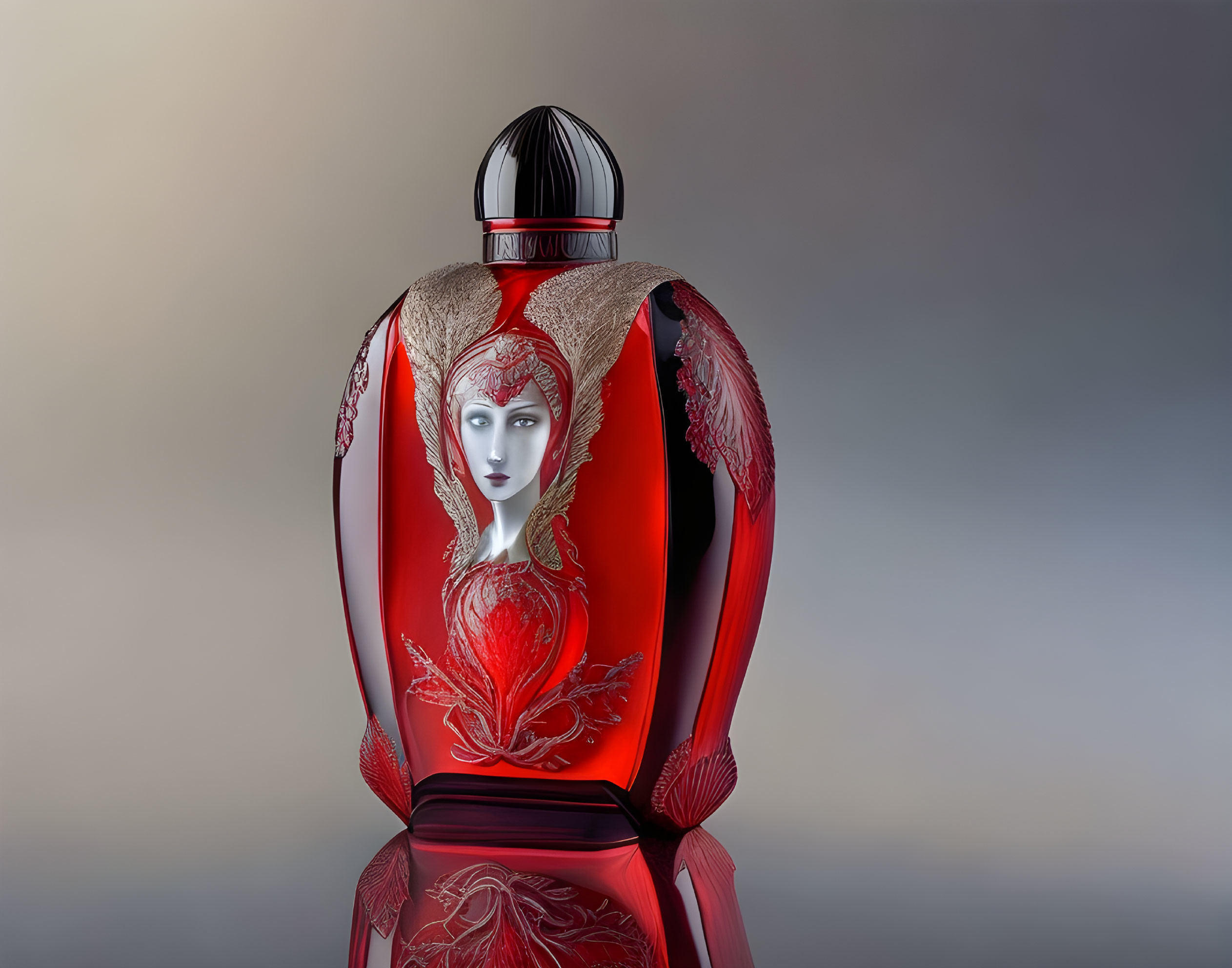 Red ornate perfume bottle with stylized female figure design on reflective surface and intricate patterns on gradient background