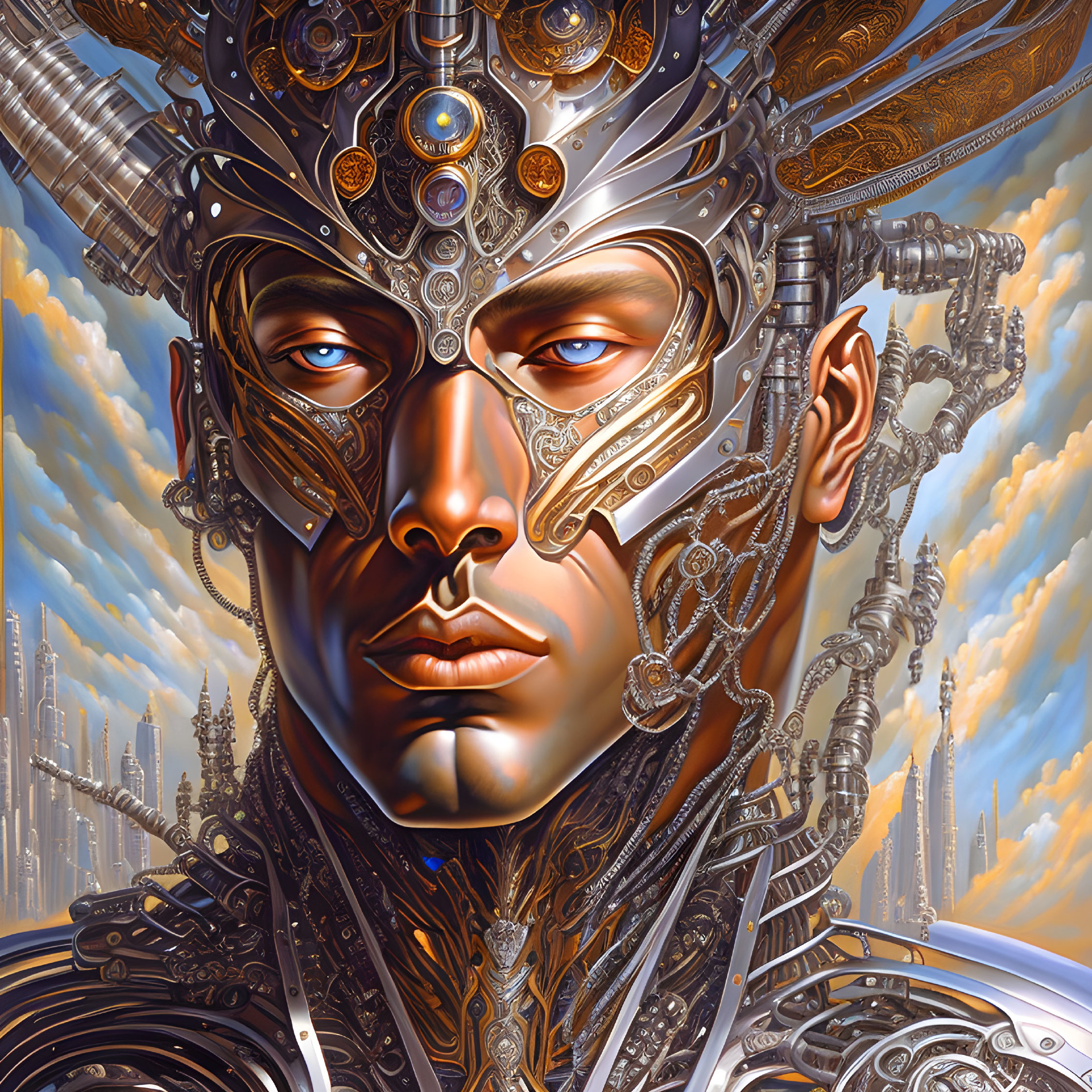 Intricate humanoid with mechanical gears in futuristic setting