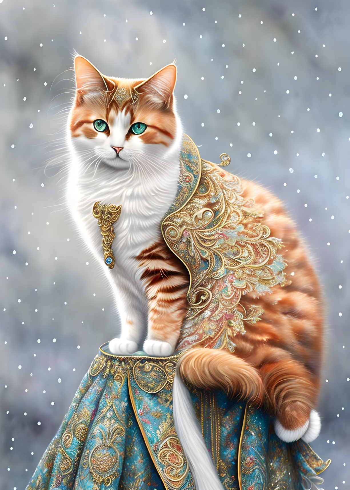 Majestic Orange and White Cat in Blue and Gold Cloak on Snowy Background