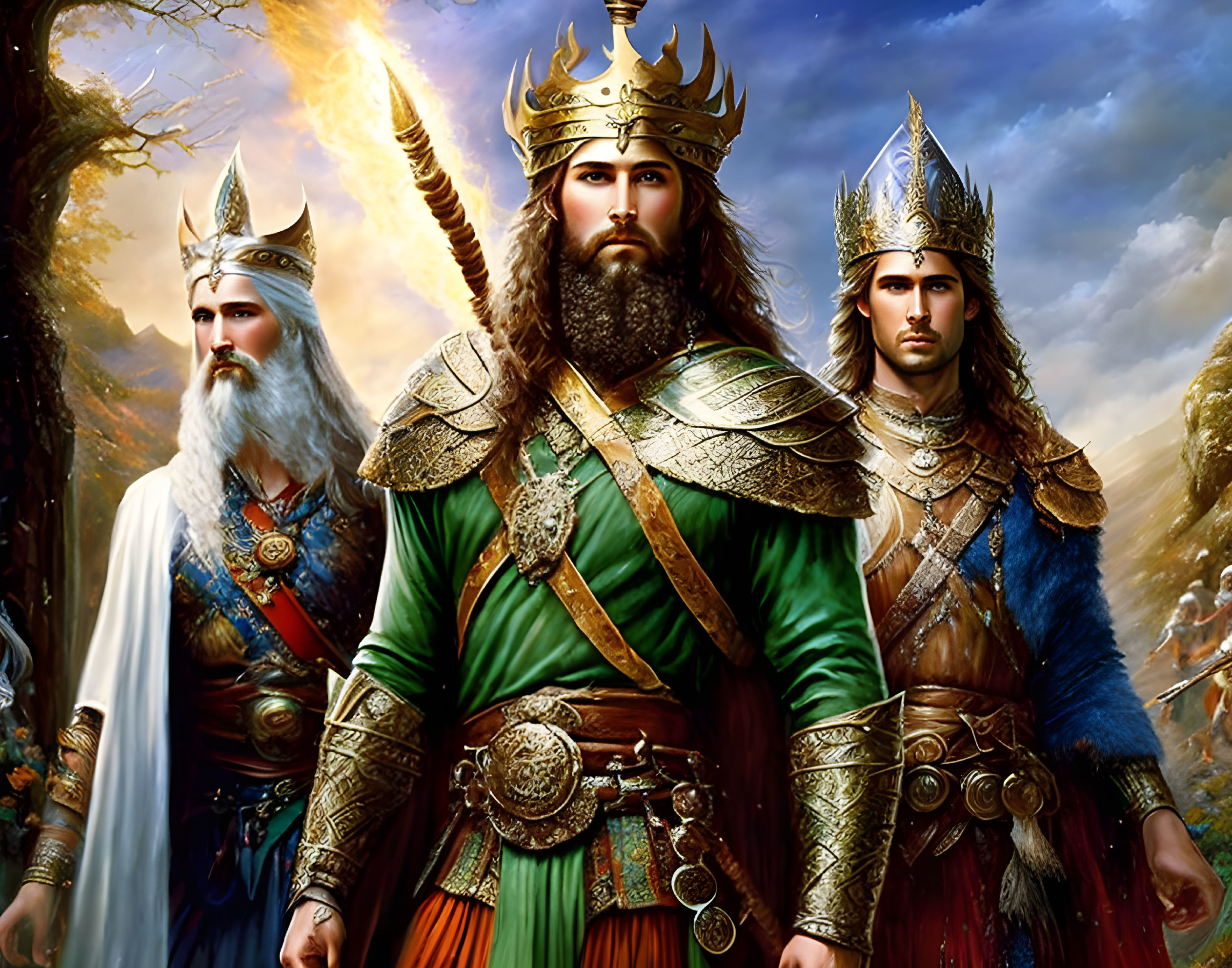 Three majestic kings in ornate armor with glowing sword in forest