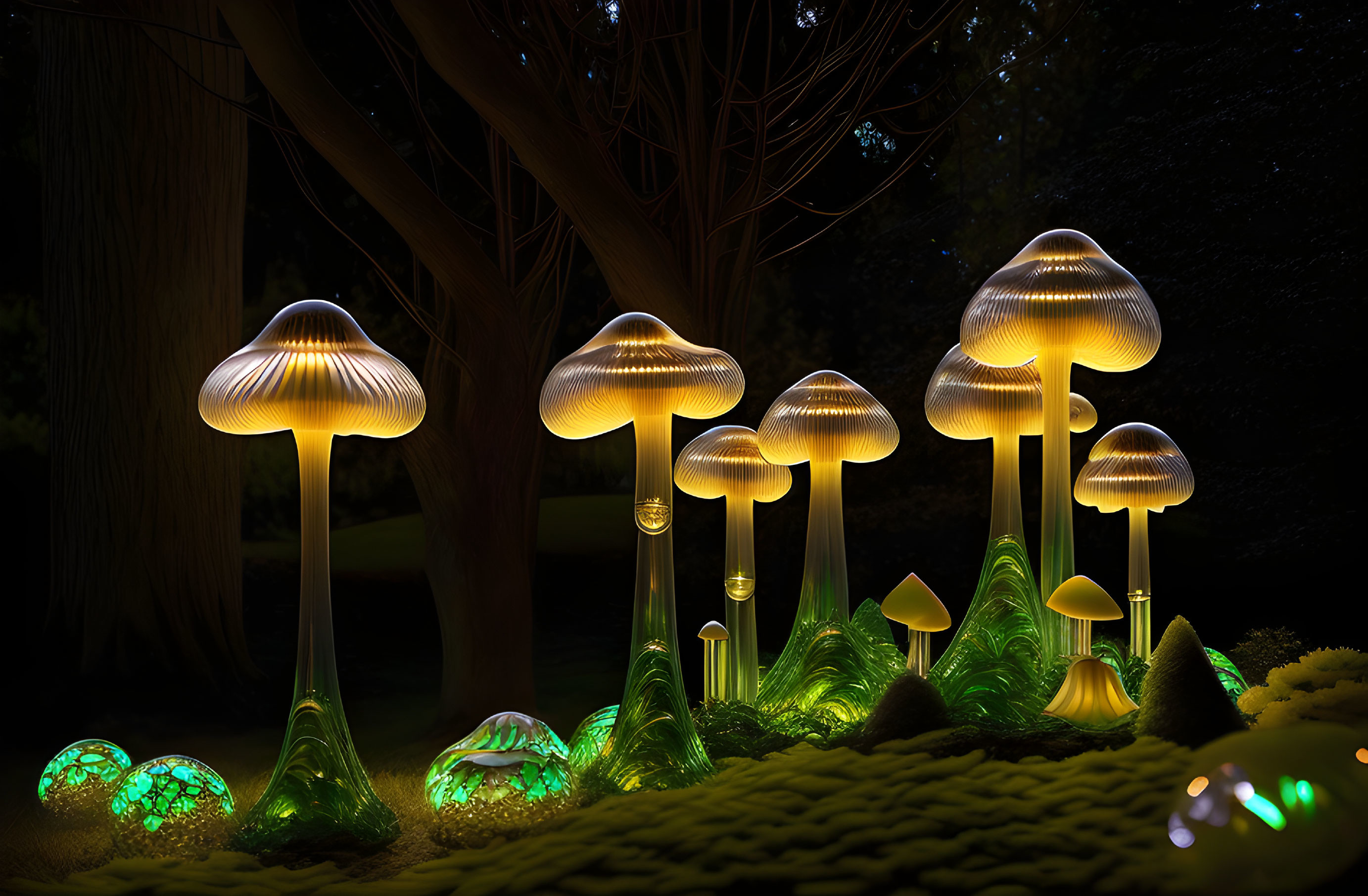 Glowing mushroom sculptures in dark woodland landscape