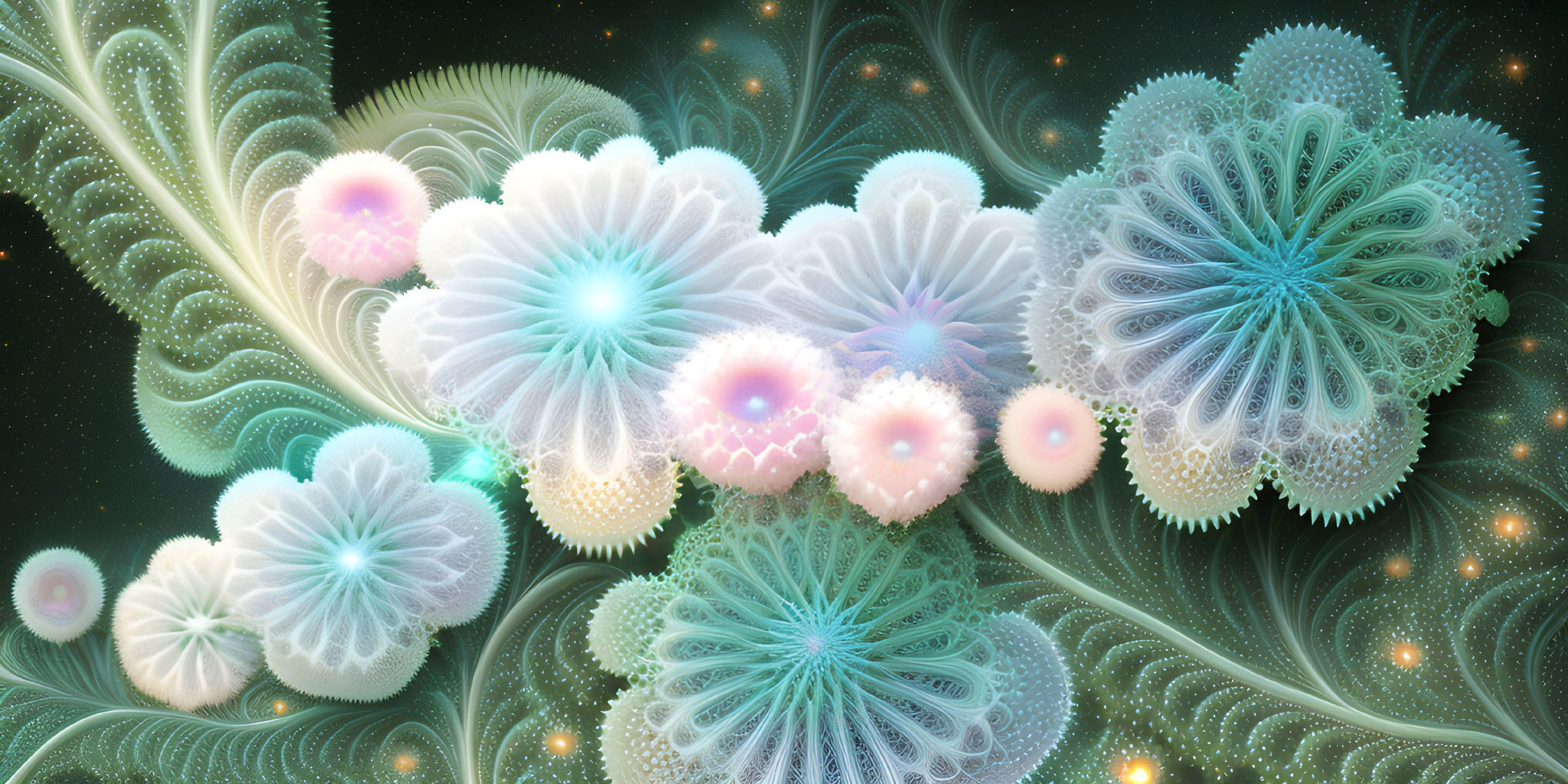 Ethereal fractal flowers with intricate patterns on cosmic backdrop