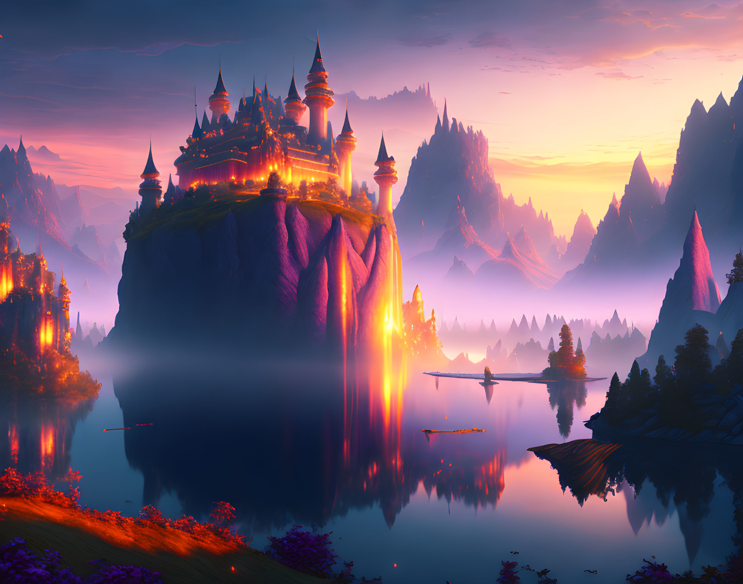 Majestic castle on cliff at sunset with glowing lights, mountains, lake.