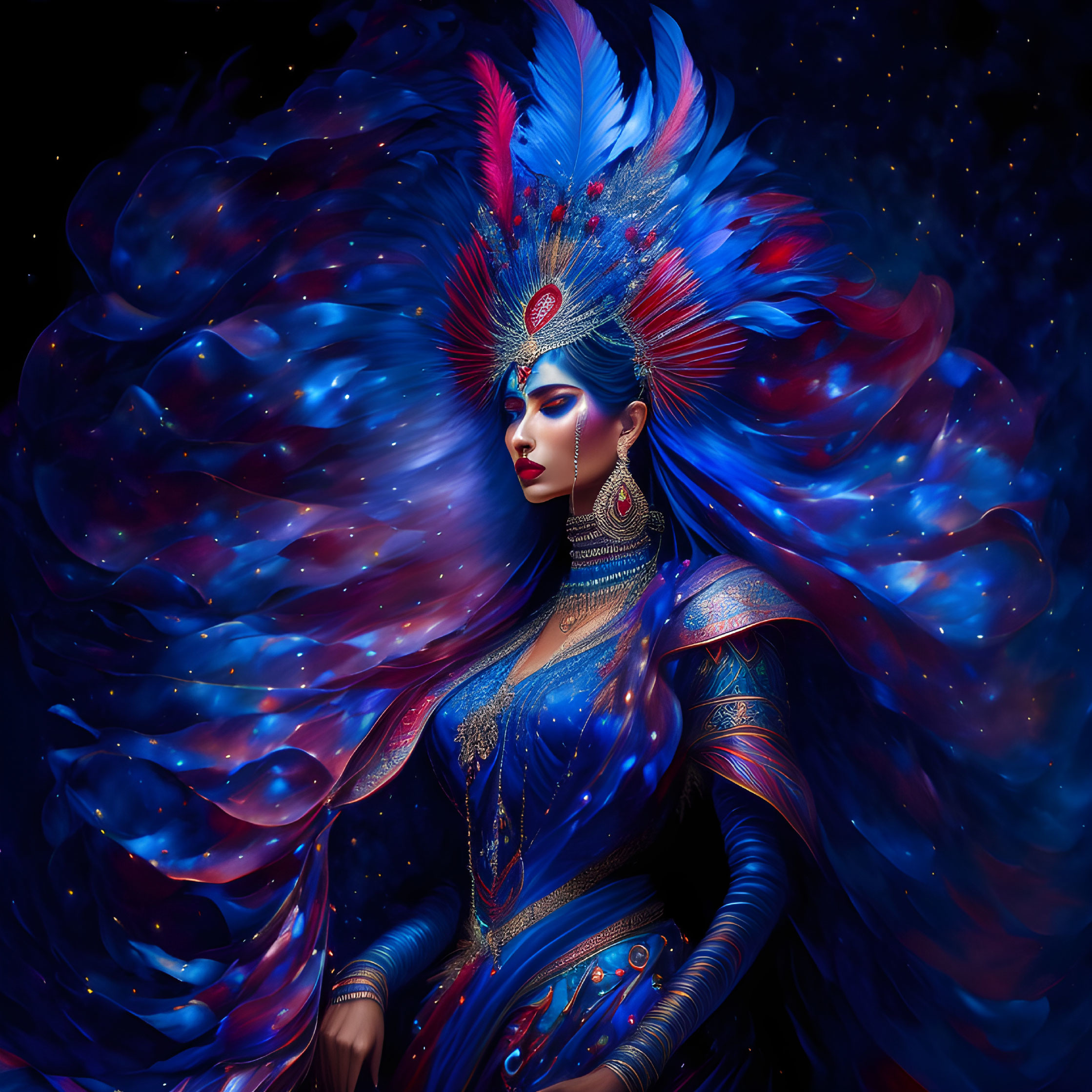 Illustration of woman with blue and red feathered headdress and cosmic background