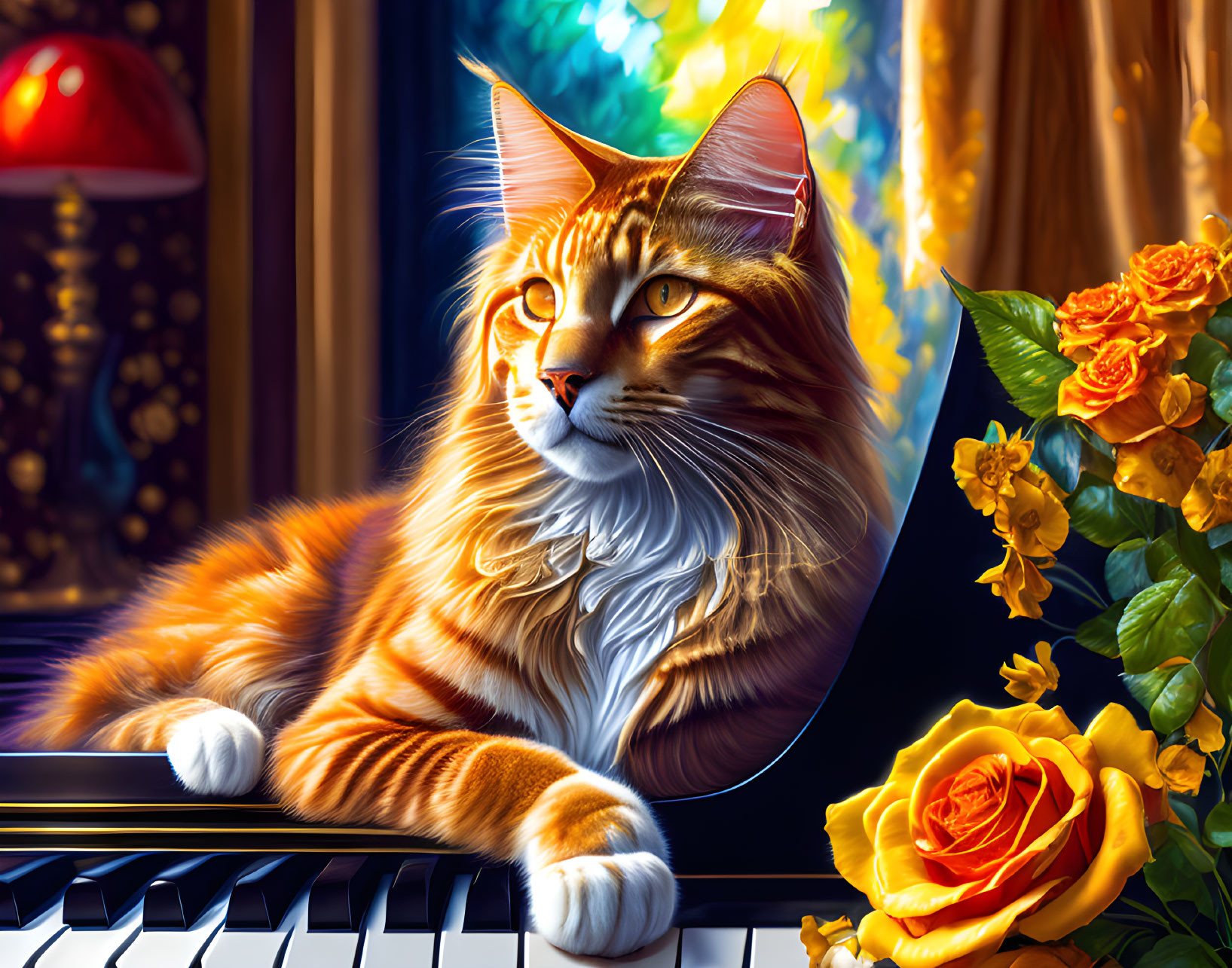 Orange Tabby Cat Relaxing on Piano Keys Surrounded by Roses