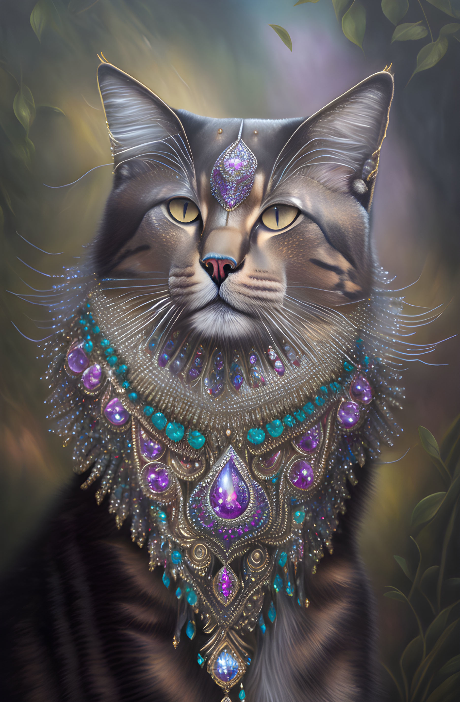 Majestic cat adorned with jeweled headdress and necklace on soft natural backdrop