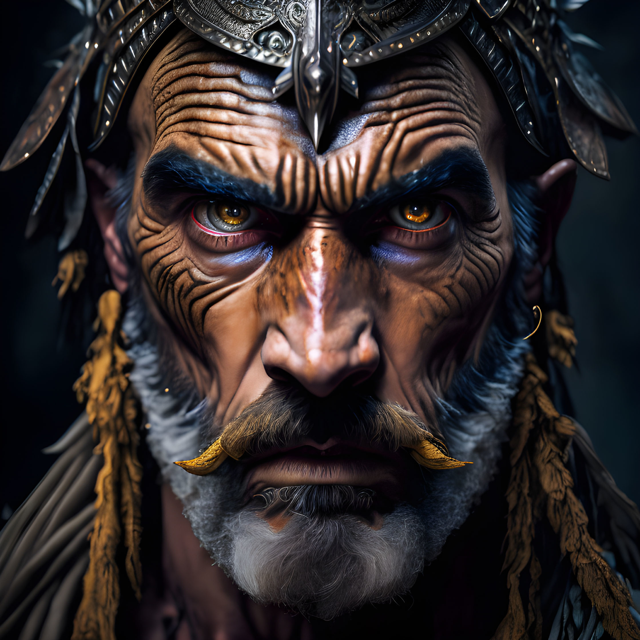 Character with Intense Orange Eyes and Tribal Face Paint in Silver Headdress