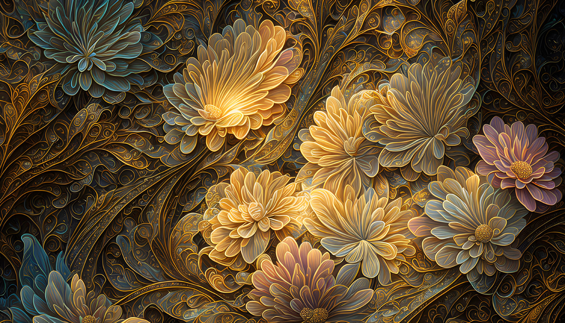 Detailed Stylized Flower Digital Art in Gold, Blue & Orange