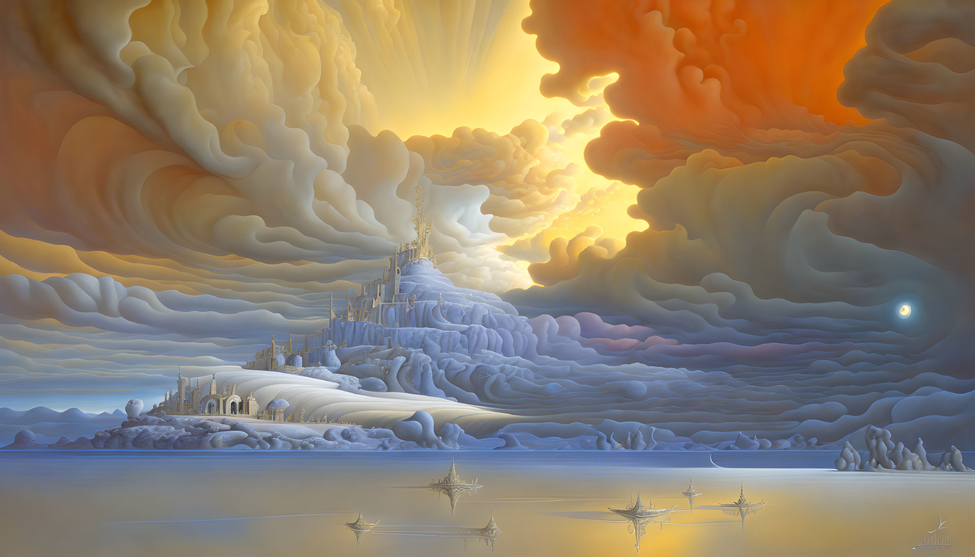 Surreal landscape with icy castle, sunset-lit clouds, boats, and small moon