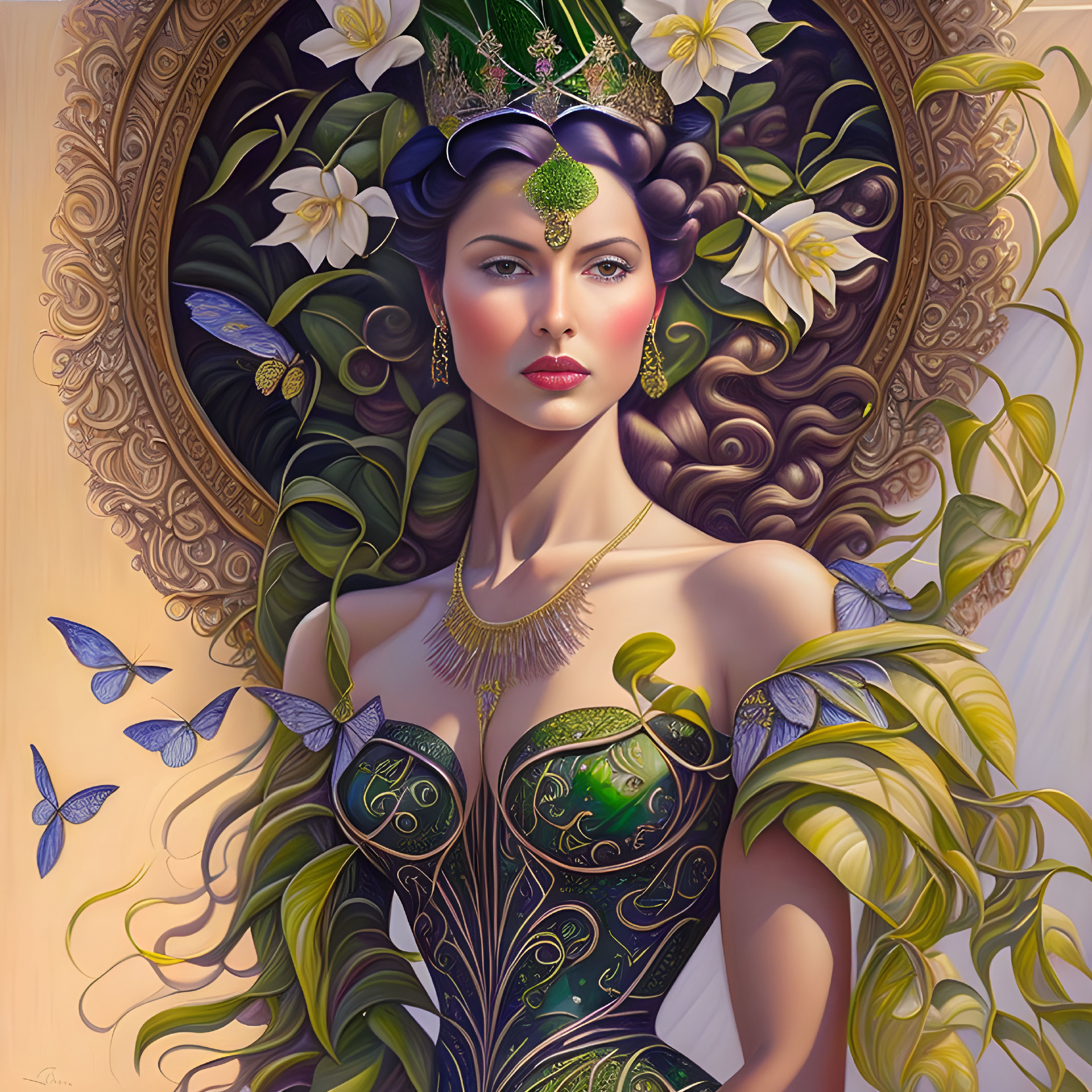 Illustrated woman with ornate crown, surrounded by flowers and butterflies in regal outfit.