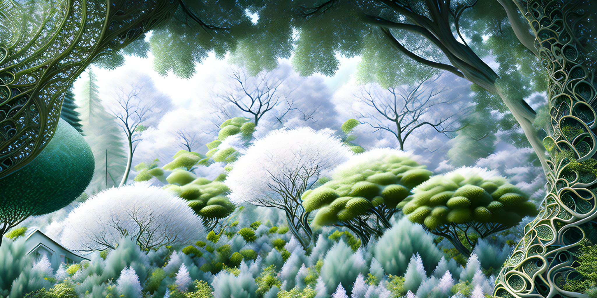 Whimsical foliage and fractal patterns in enchanted forest