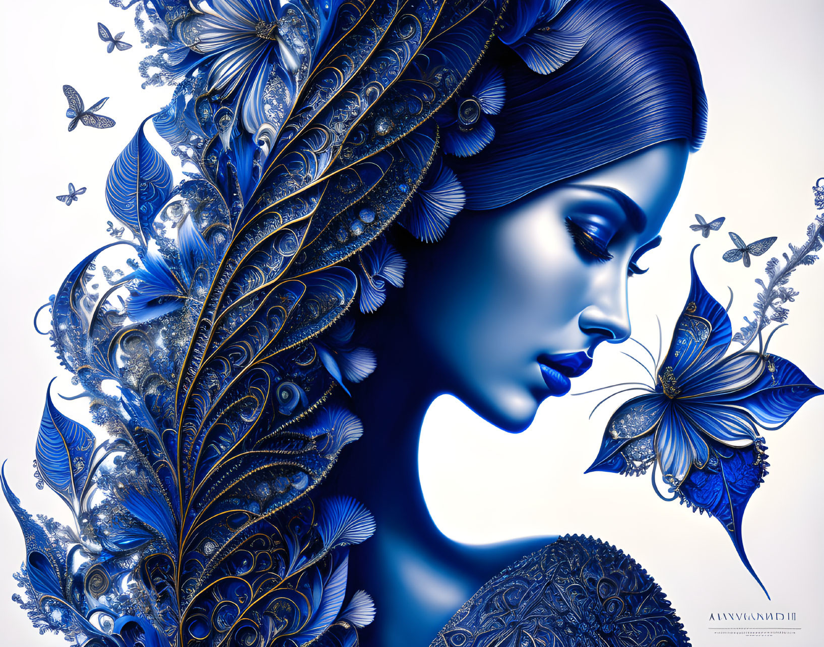 Monochromatic blue woman's profile with feathers and butterflies