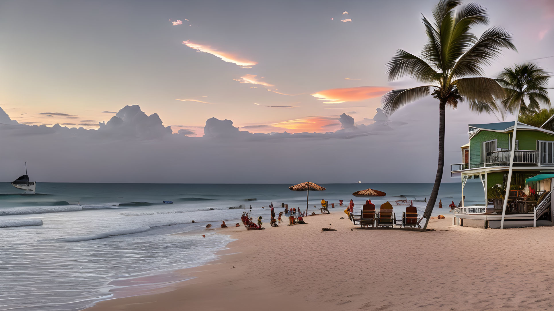 Sunset beach scene with lounging people, boat, palm trees, and colorful sky.