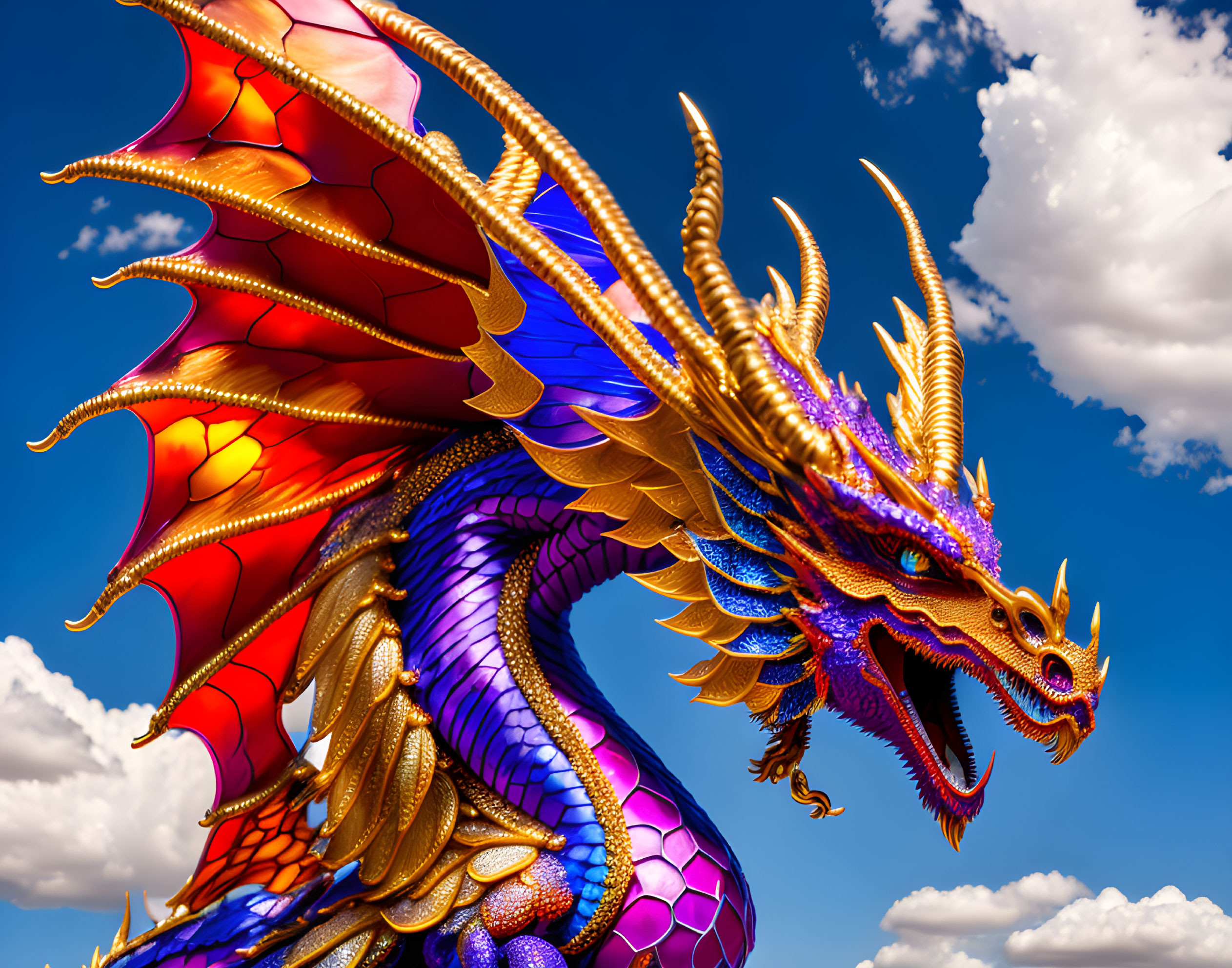 Colorful Multi-Headed Dragon with Vibrant Blue, Purple, and Red Scales