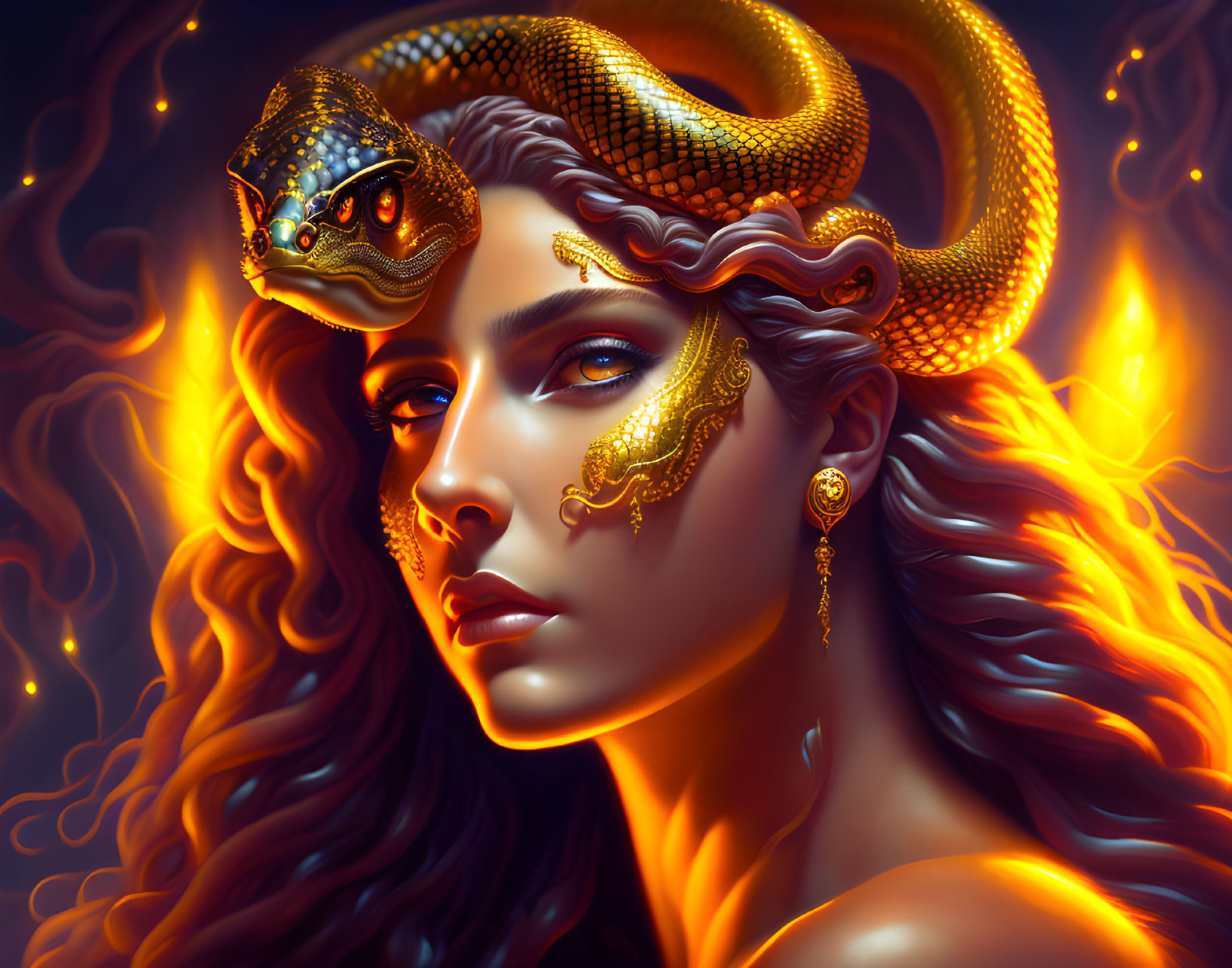 Digital artwork: Woman with golden jewelry and snake on shoulder against fiery orange backdrop