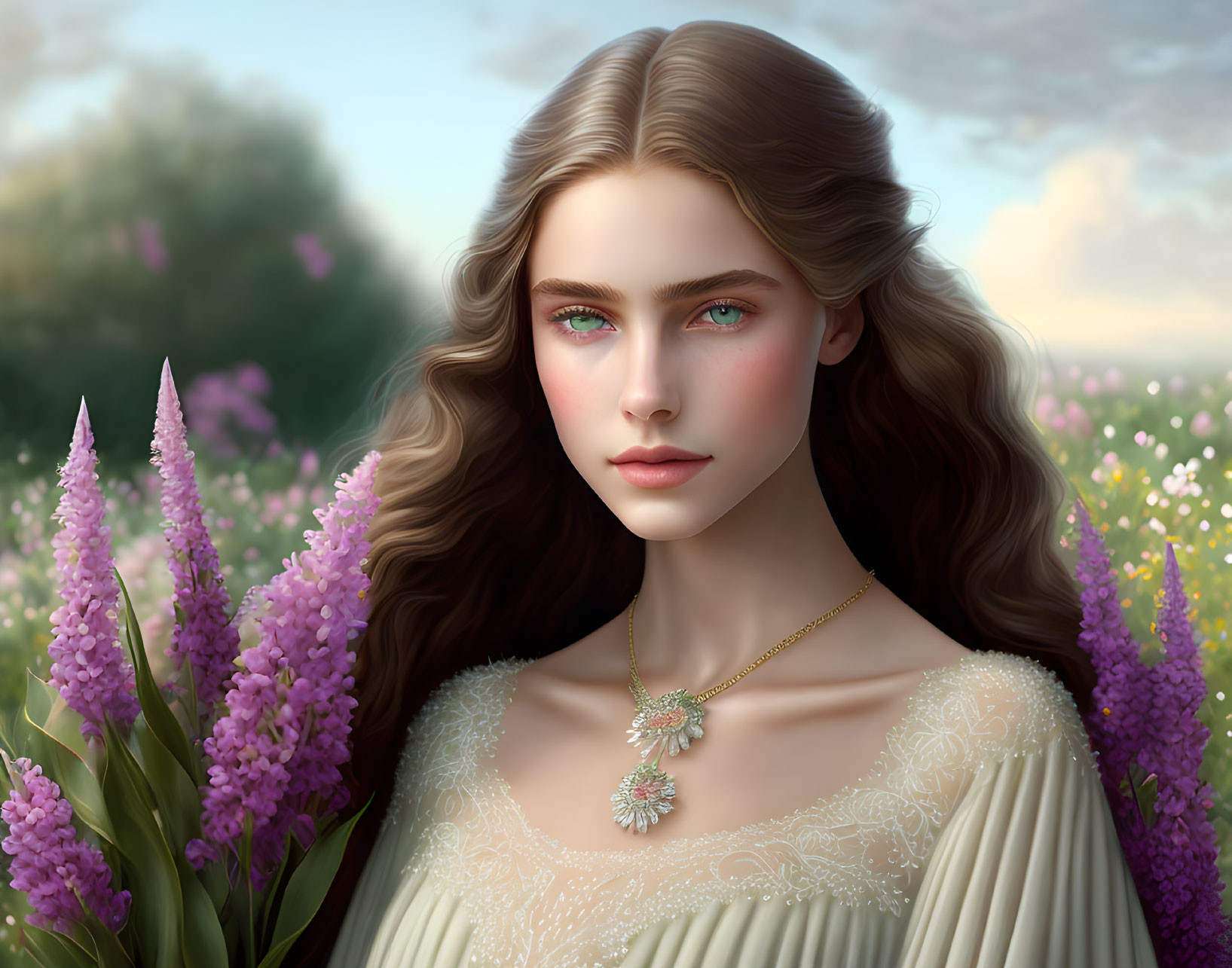 Young woman with wavy hair and green eyes in a field of purple flowers