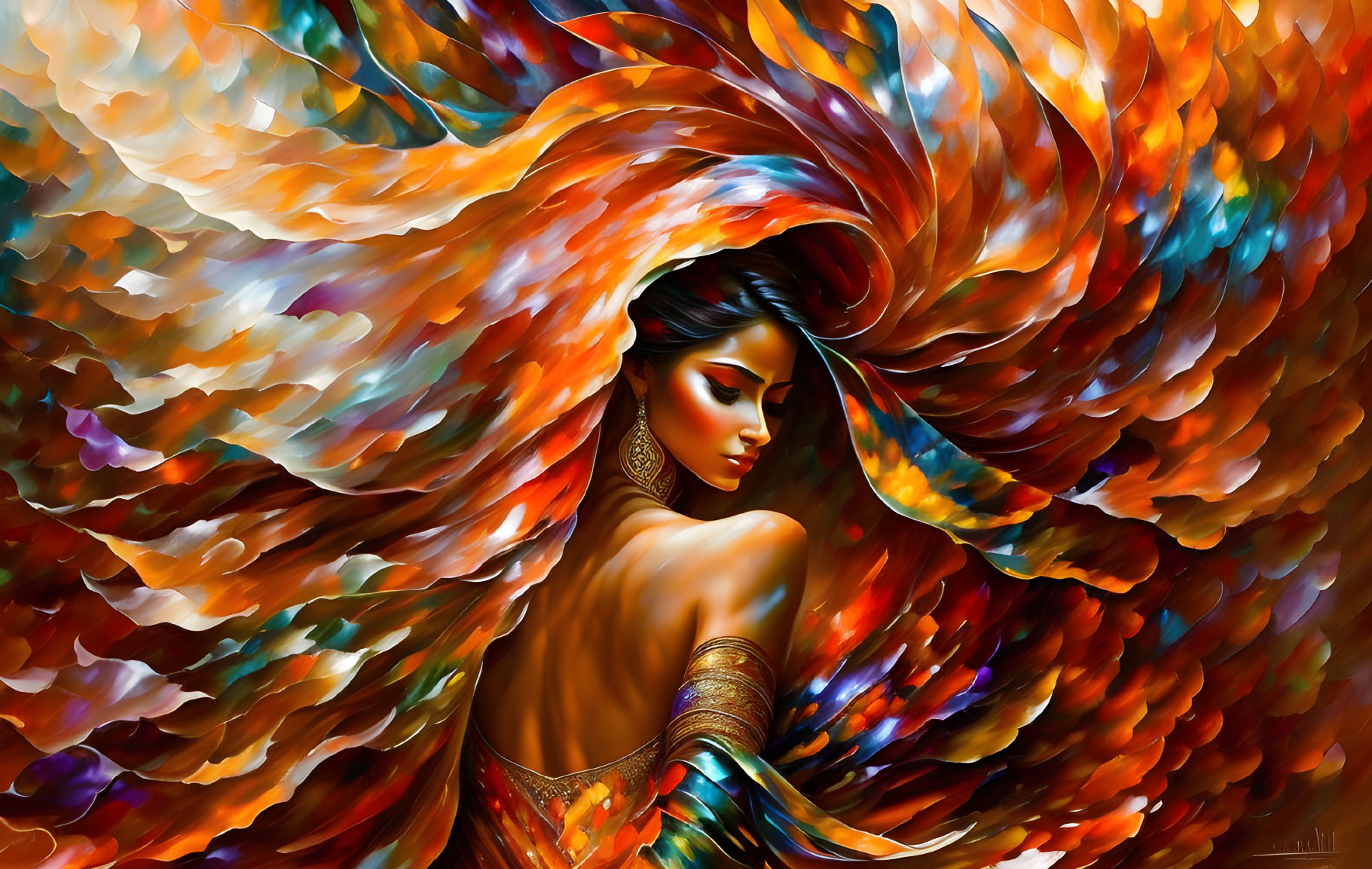 Colorful digital artwork: Woman with fiery hair and dynamic patterns