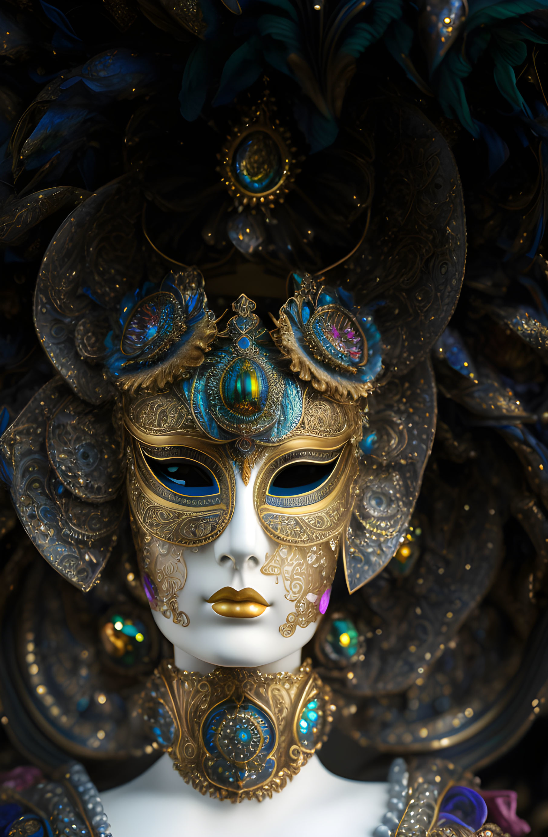 Intricate Venetian Mask with Golden Designs and Peacock Feathers