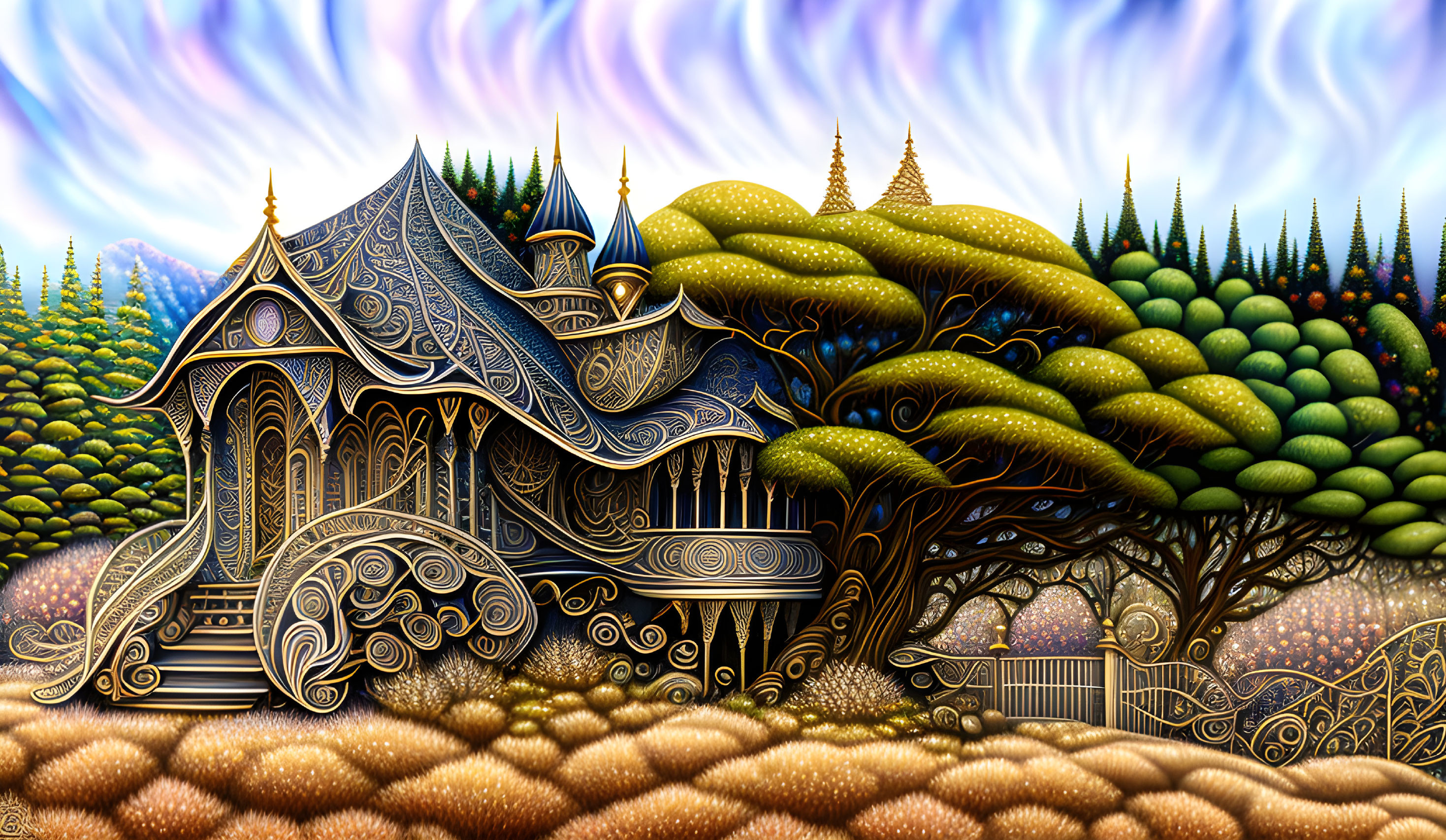 Detailed Fantasy House Illustration with Ornate Patterns and Stylized Trees