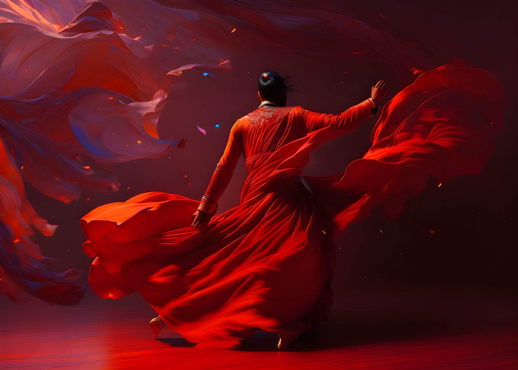 Dynamic dancer twirls in flowing red outfit against moody backdrop